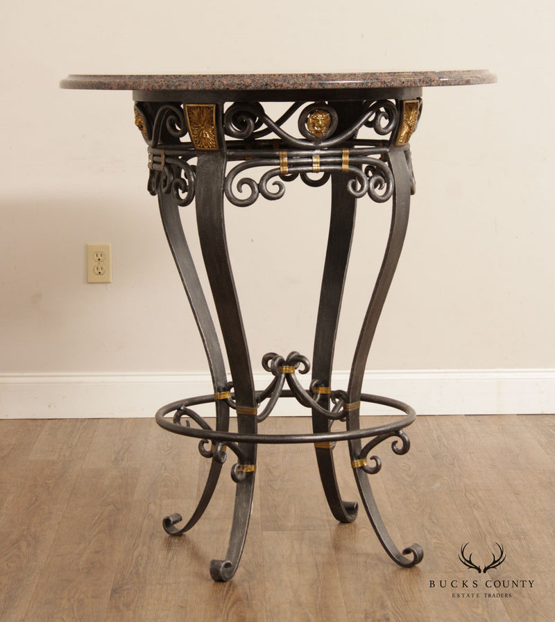 Labarge Neoclassical Style Wrought Iron Stone Top Round Pub Table