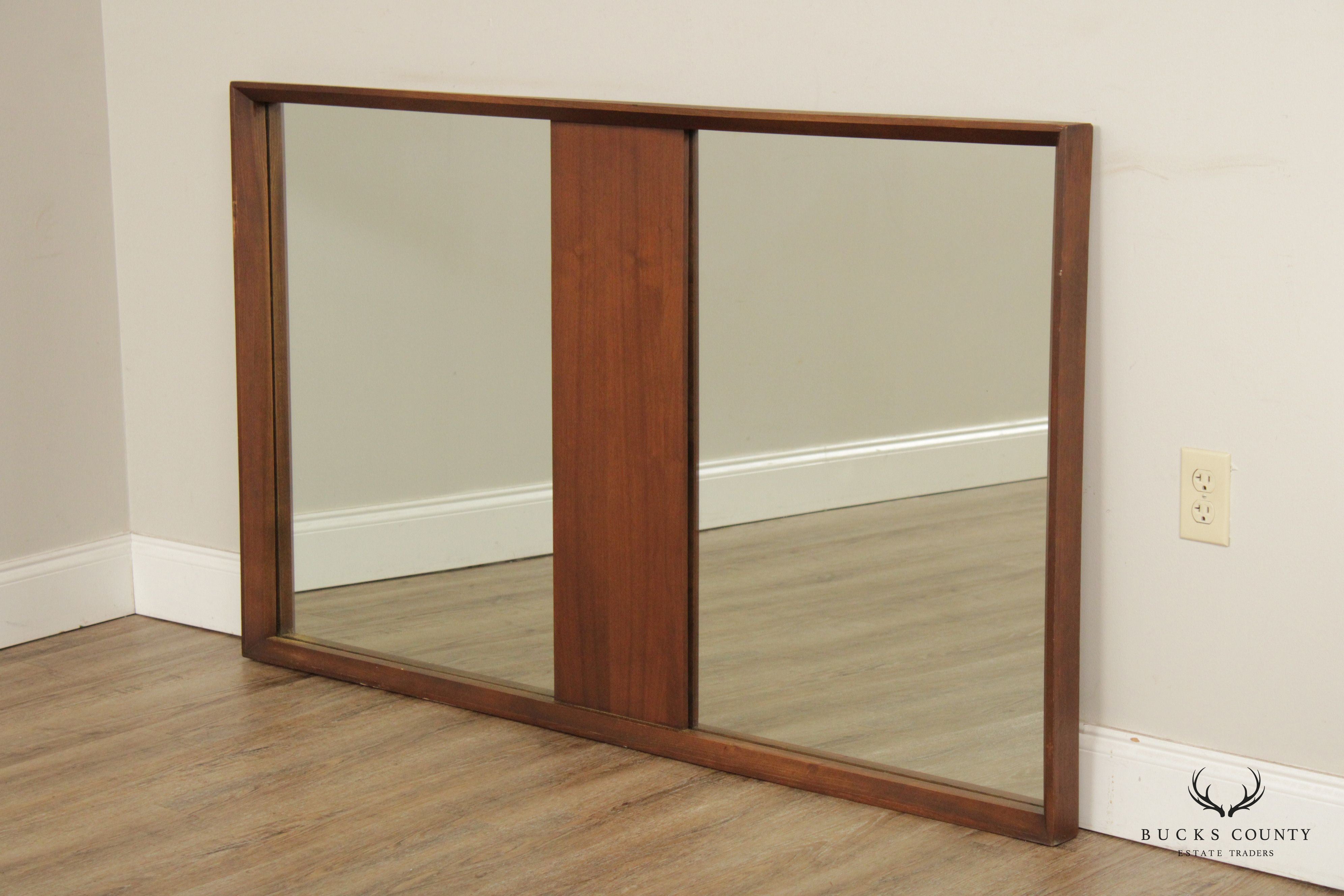 Mid Century Modern Walnut Diptych Wall Mirror