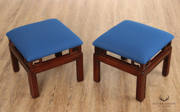 Asian Inspired Pair of Carved Mahogany Upholstered Stools