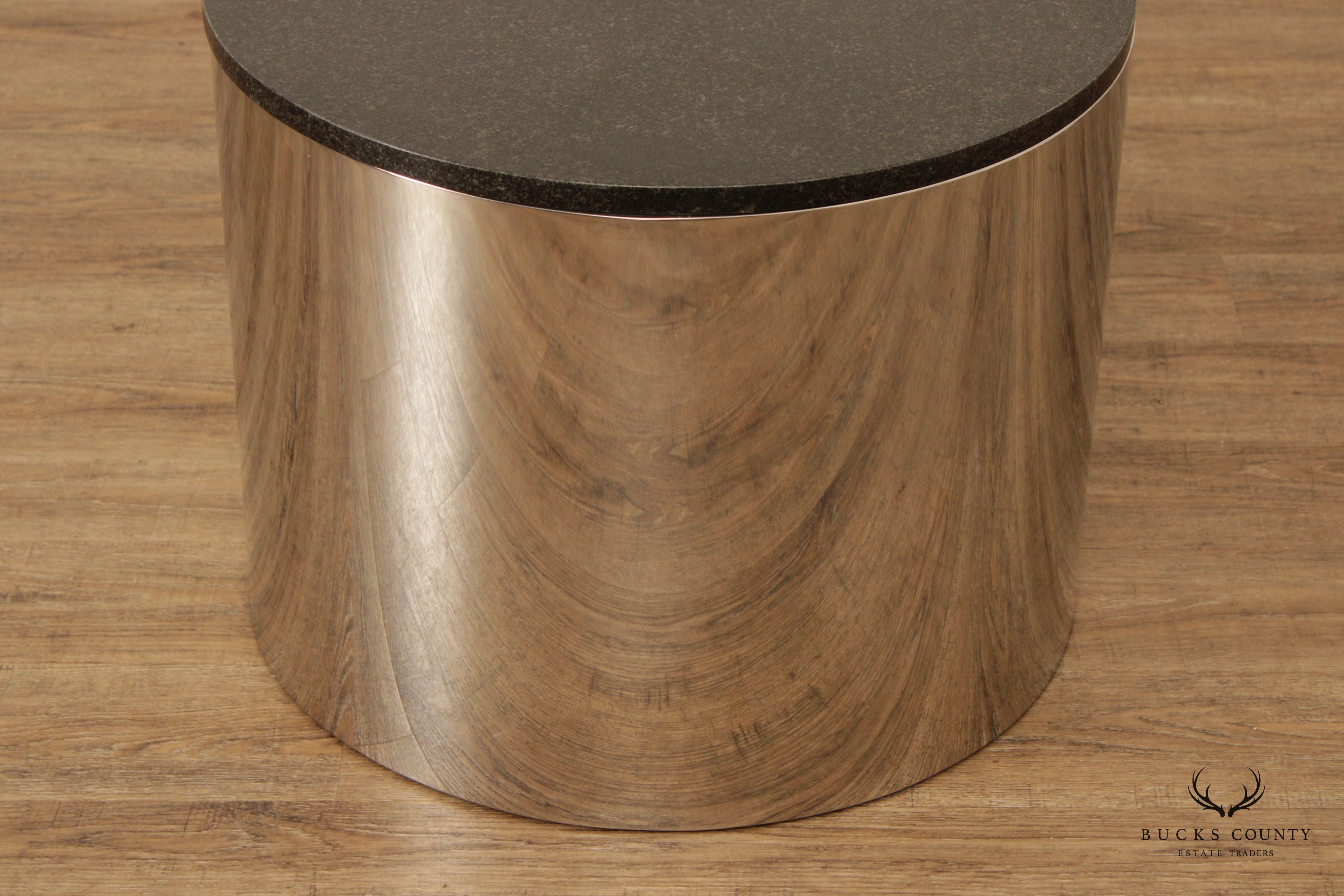 Modern 1970s Granite Top Metal Drum Side Table