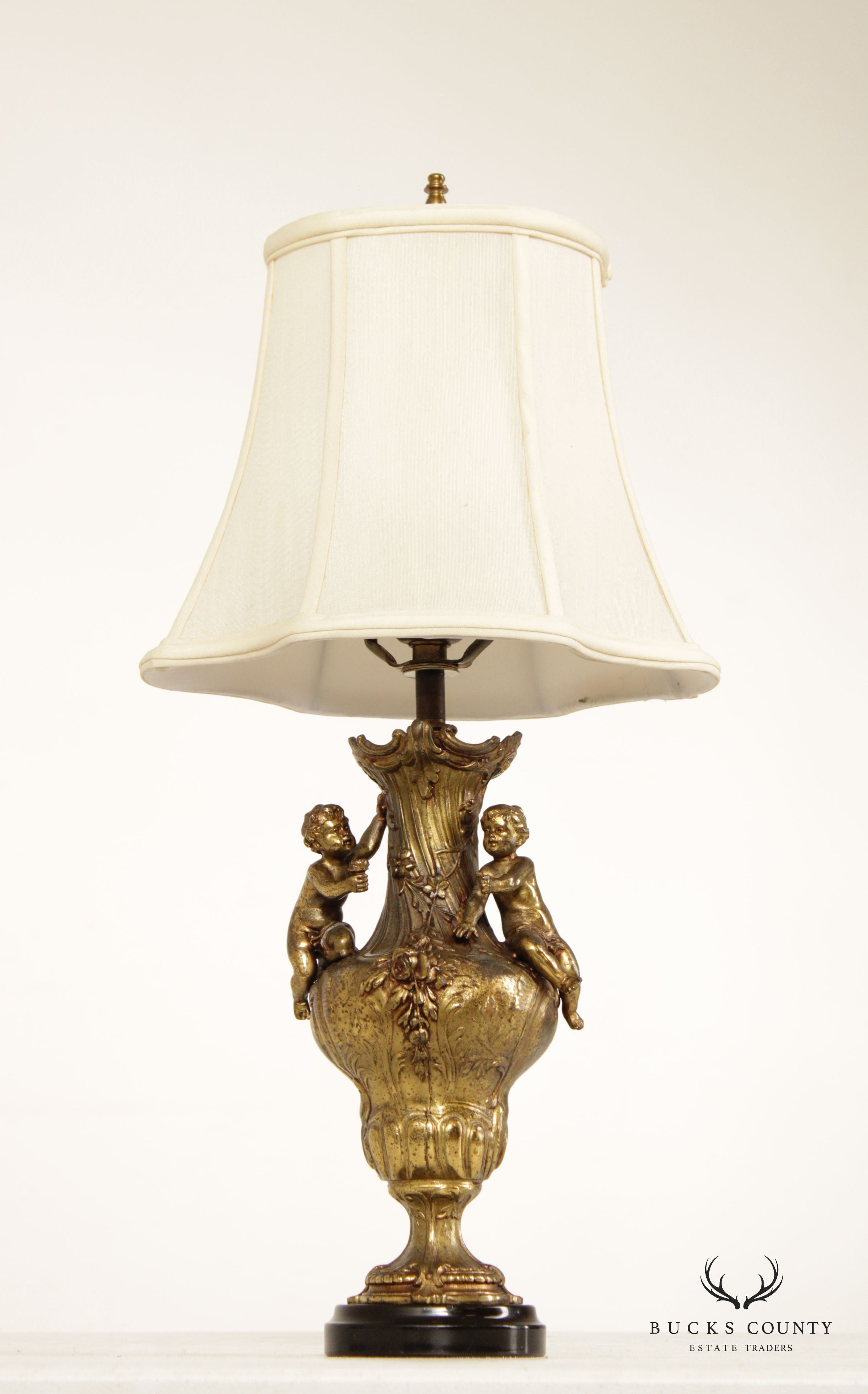 French Rococo Style Gilt Putti Table Lamp with Silk Shade