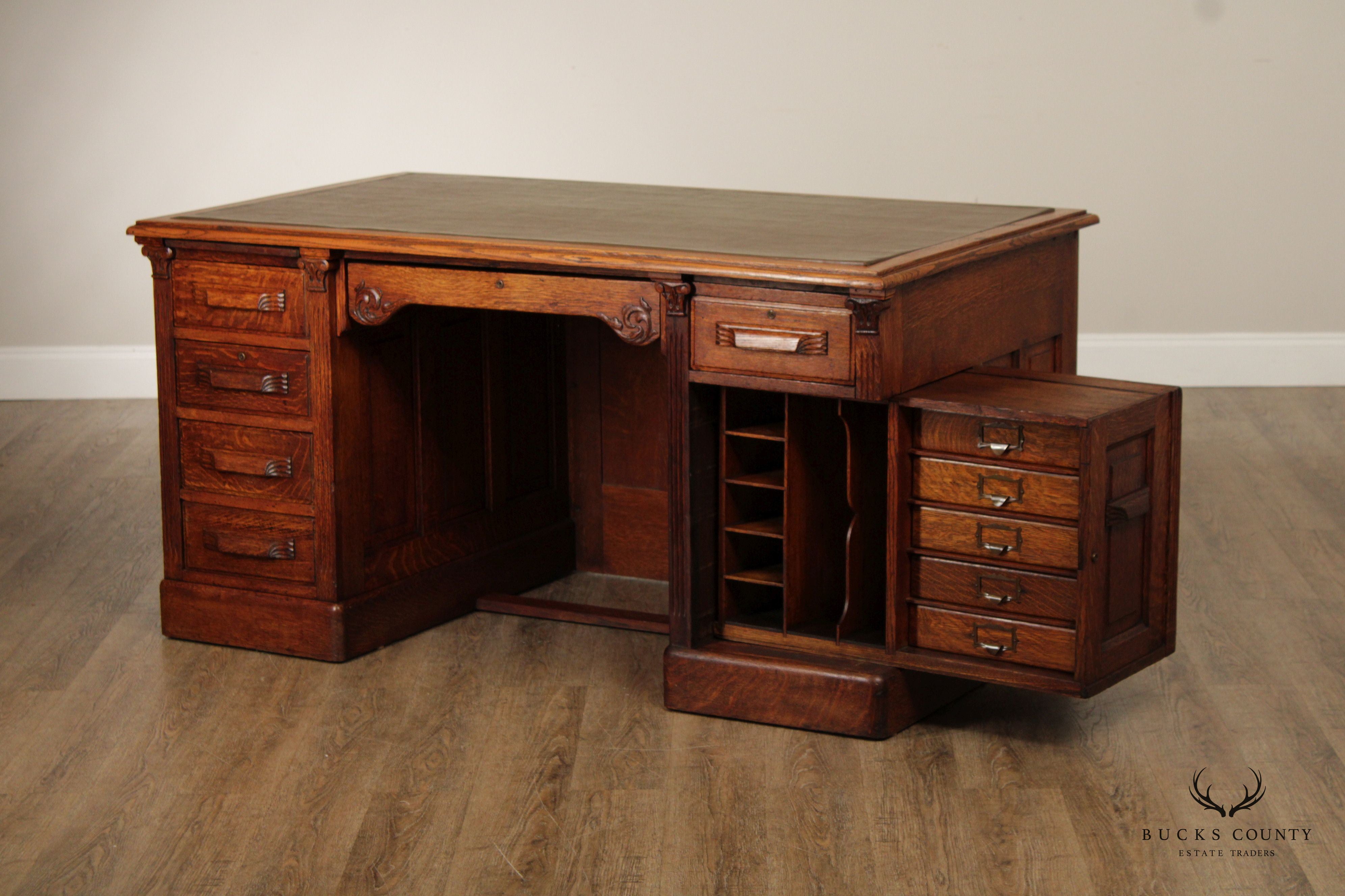 Antique Victorian Oak Wooten Style Executive Pedestal Desk