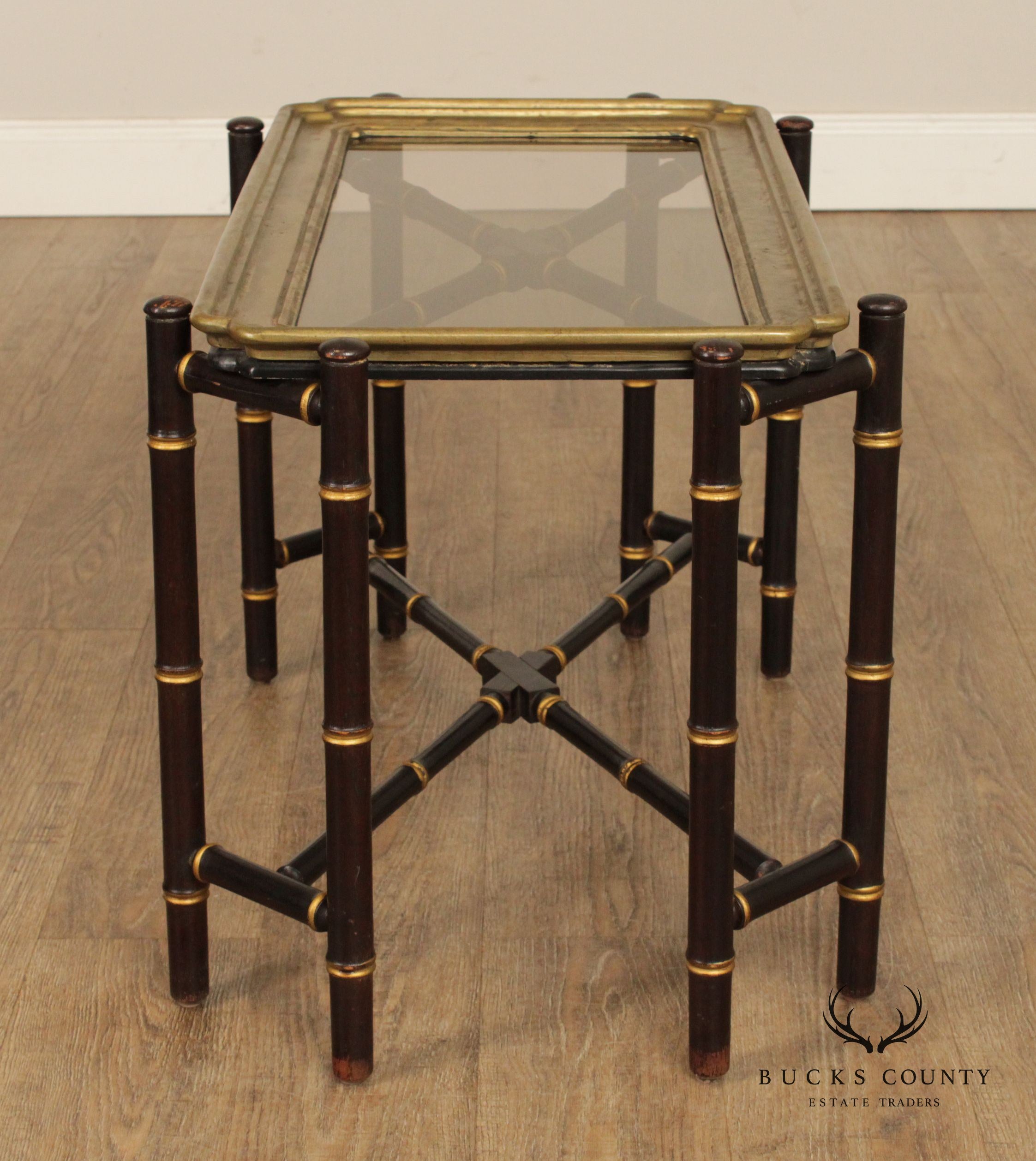 Asian Style Faux Bamboo X-Base Brass Tray Top Coffee Table