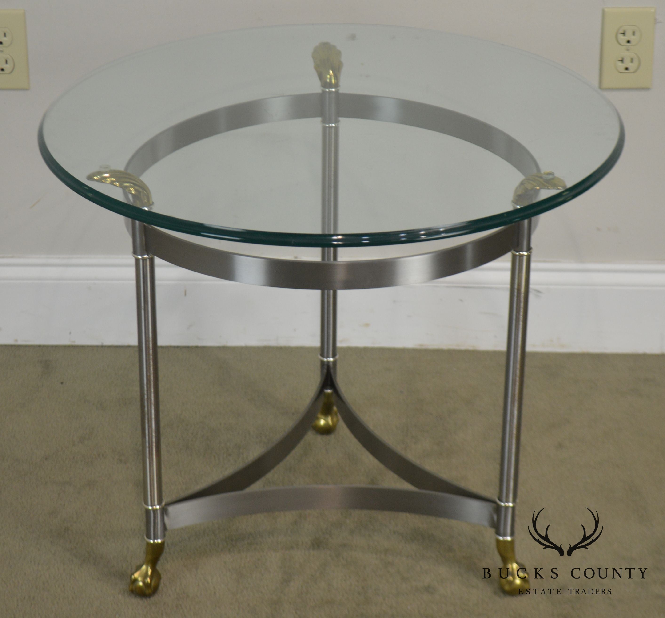 Directoire Style Brushed Steel & Brass Round Glass Top Side Table