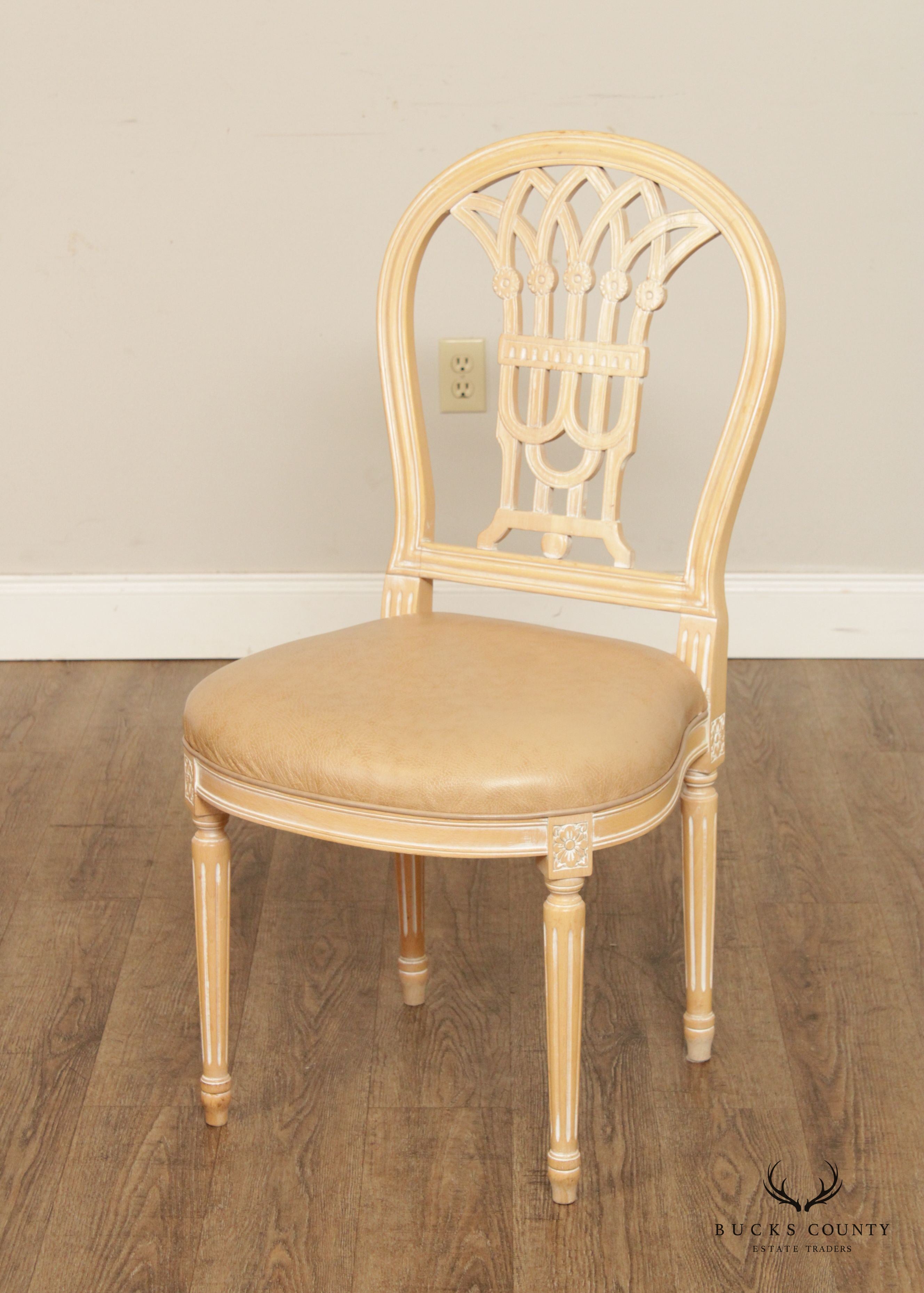 French Louis XVI Style Set 4 White Washed Dining Room Chairs