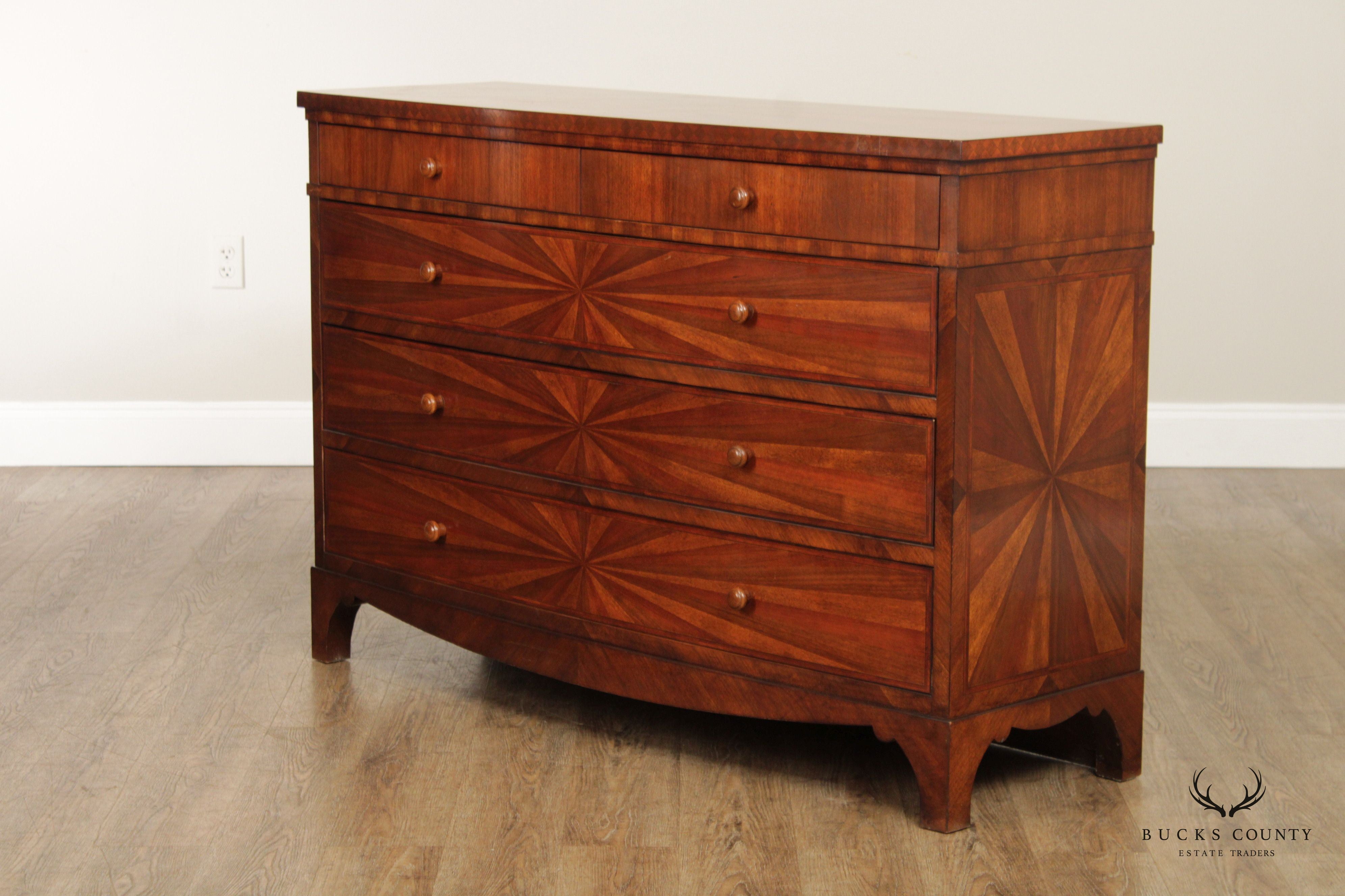 Italian Regency Style Sunburst Inlaid Bowfront Chest of Drawers