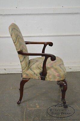 1940s Georgian Style Carved Mahogany Flame Stitch Library Arm Chair