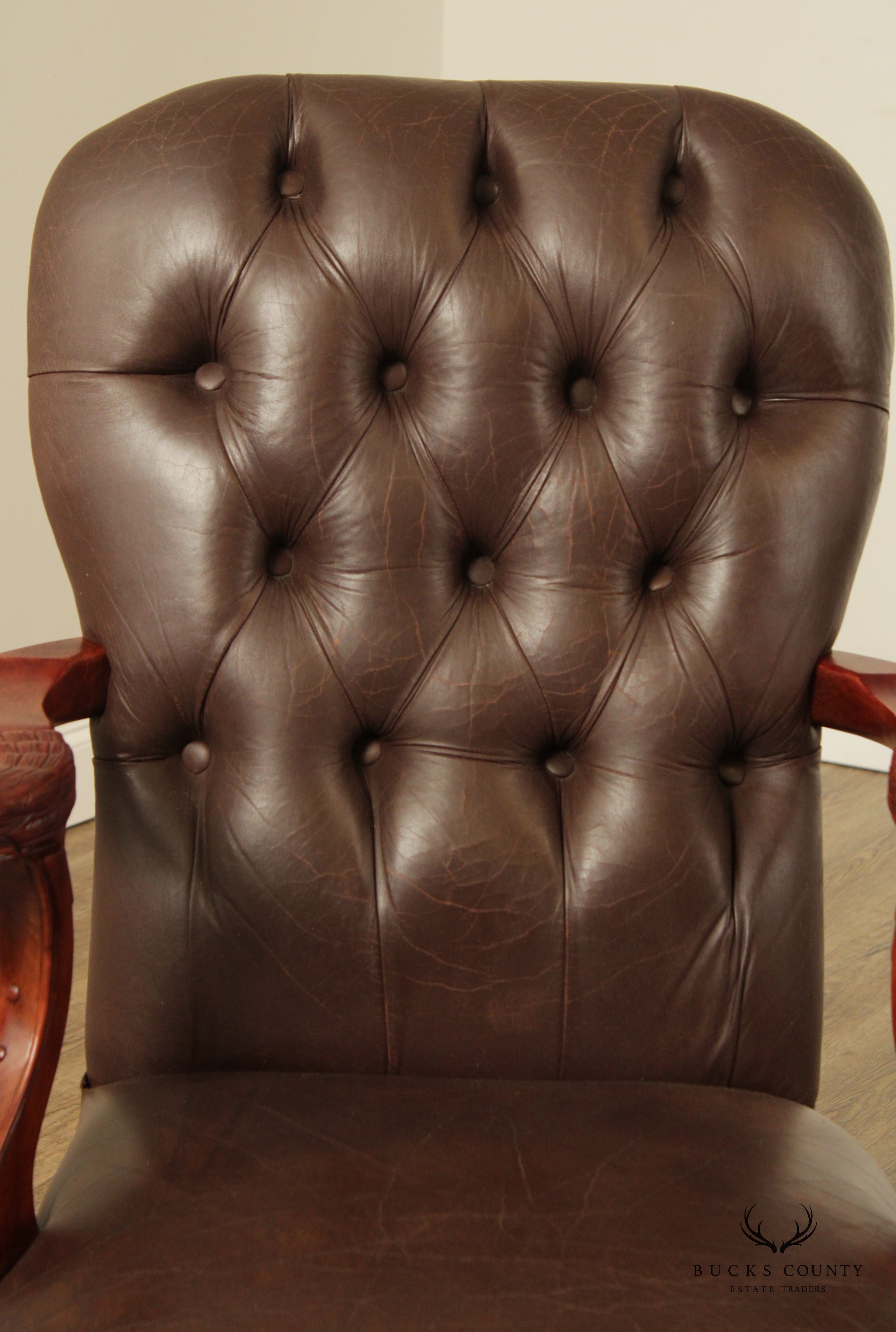 Georgian Chippendale Style Eagle Carved Leather Armchair