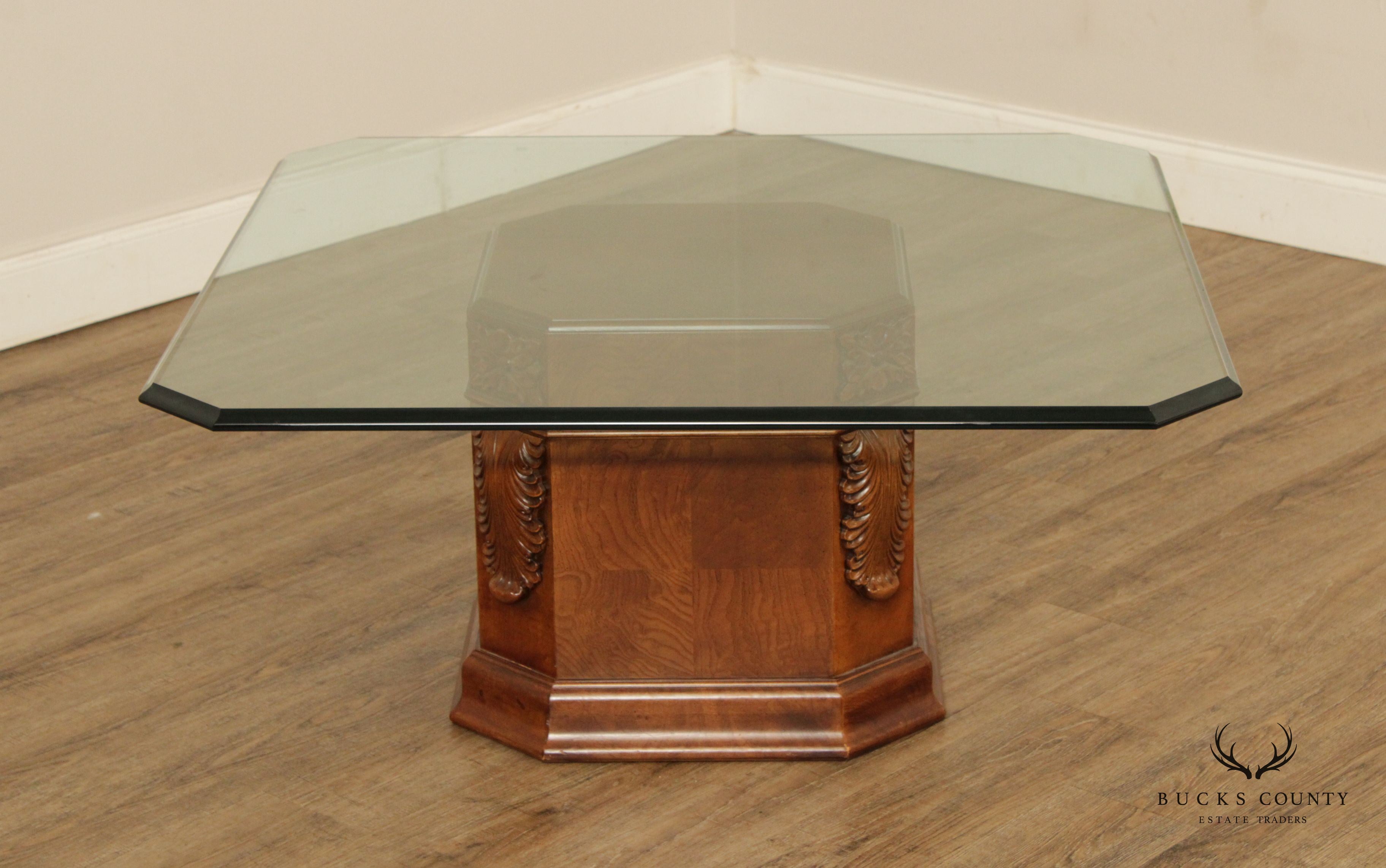 Henredon Neoclassical Style Glass Top Pedestal Coffee Table