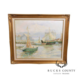 Sinomas, Oil on Canvas Painting of Working Lanteen Sailing Vessels in Port Custom Frame