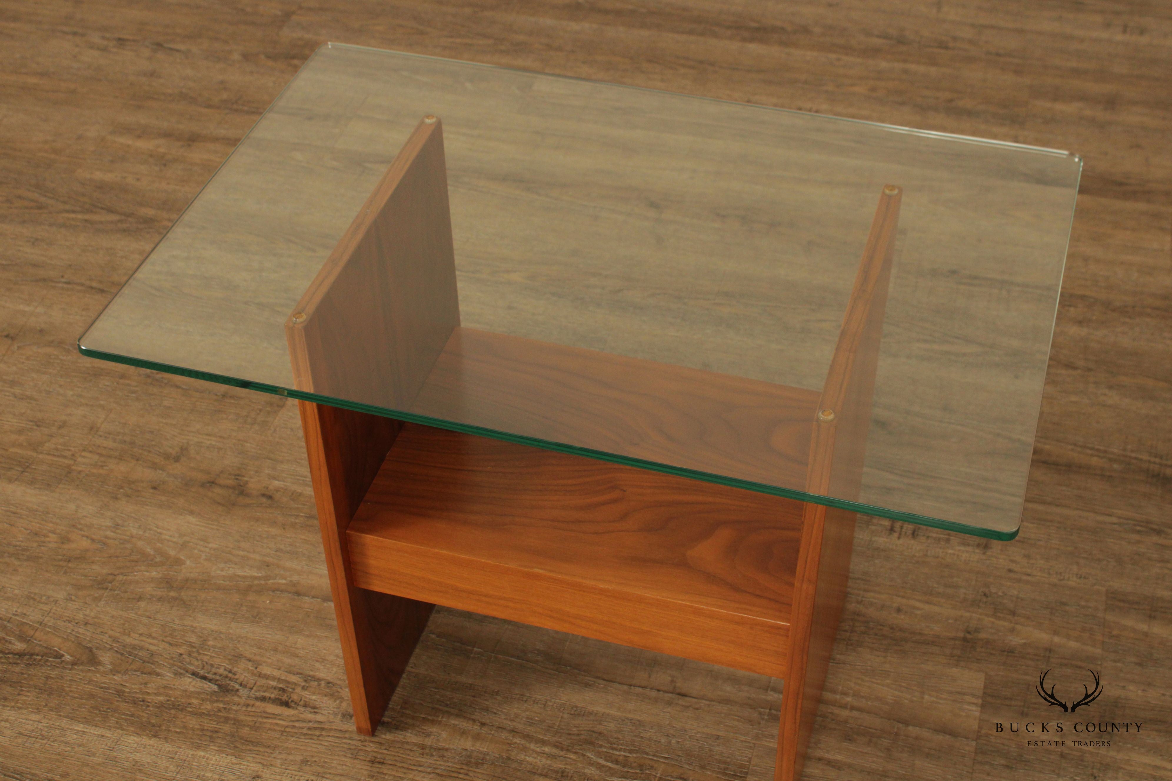 Mid Century Modern Walnut Glass Top Side Table