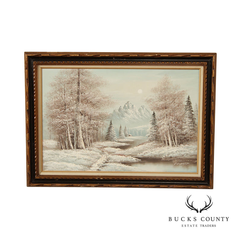 Vintage 20th C. Rocky Mountain Winter Landscape Oil Painting, Signed