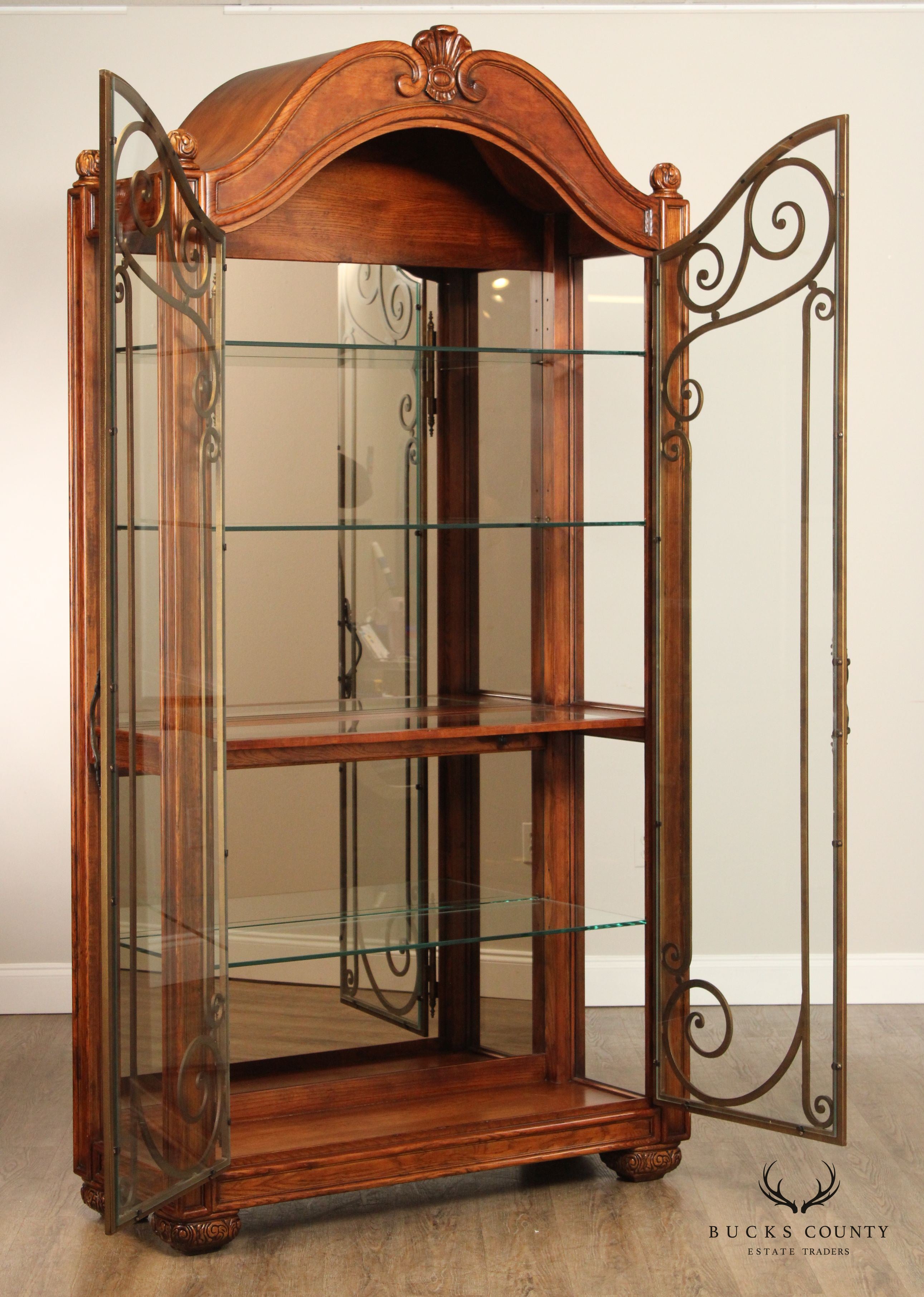 Henredon Tuscan Style Large Scrolled Iron Door Curio Display Cabinet