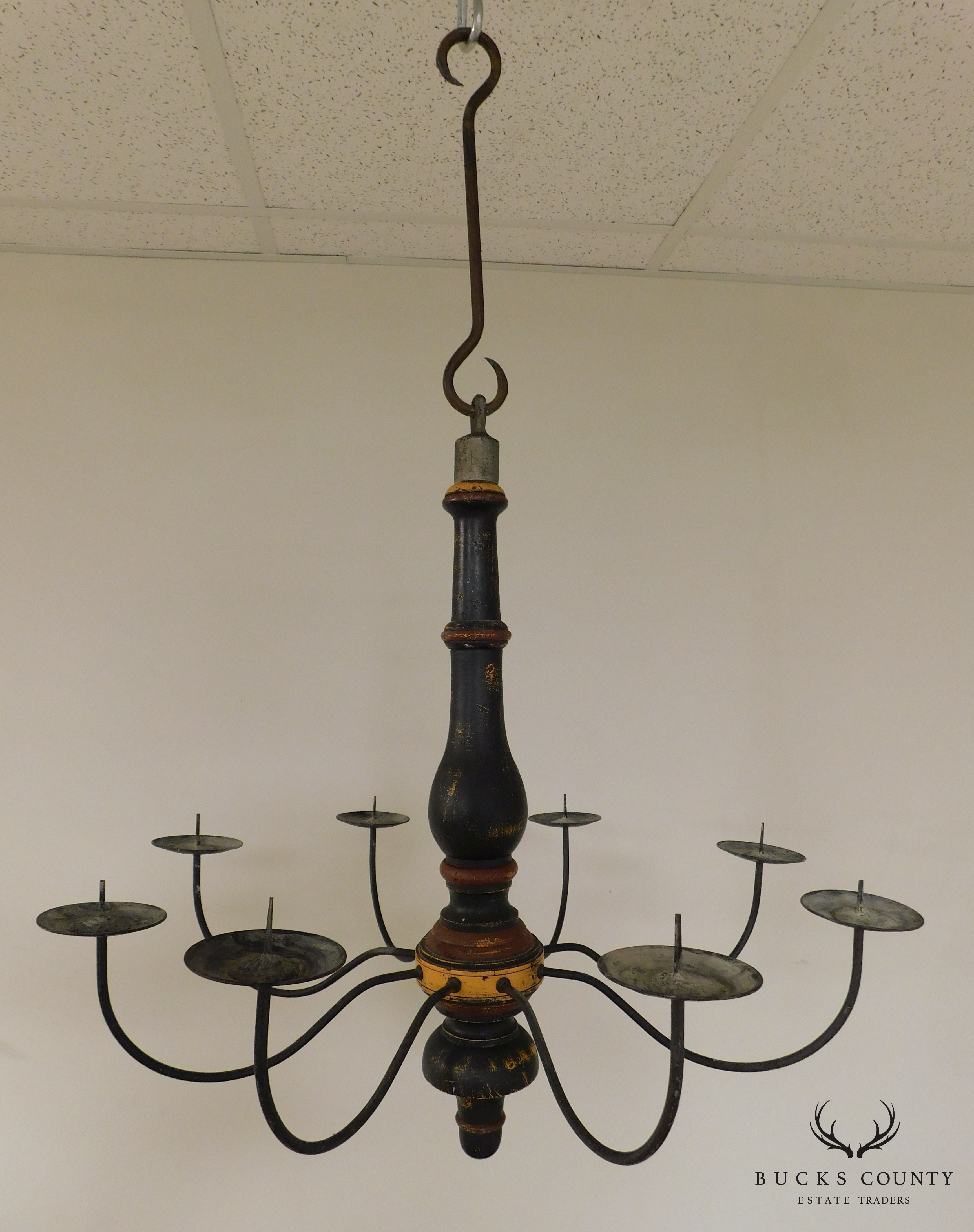 Custom Quality Folk Art 8 Light Turned Wood & Iron Chandelier