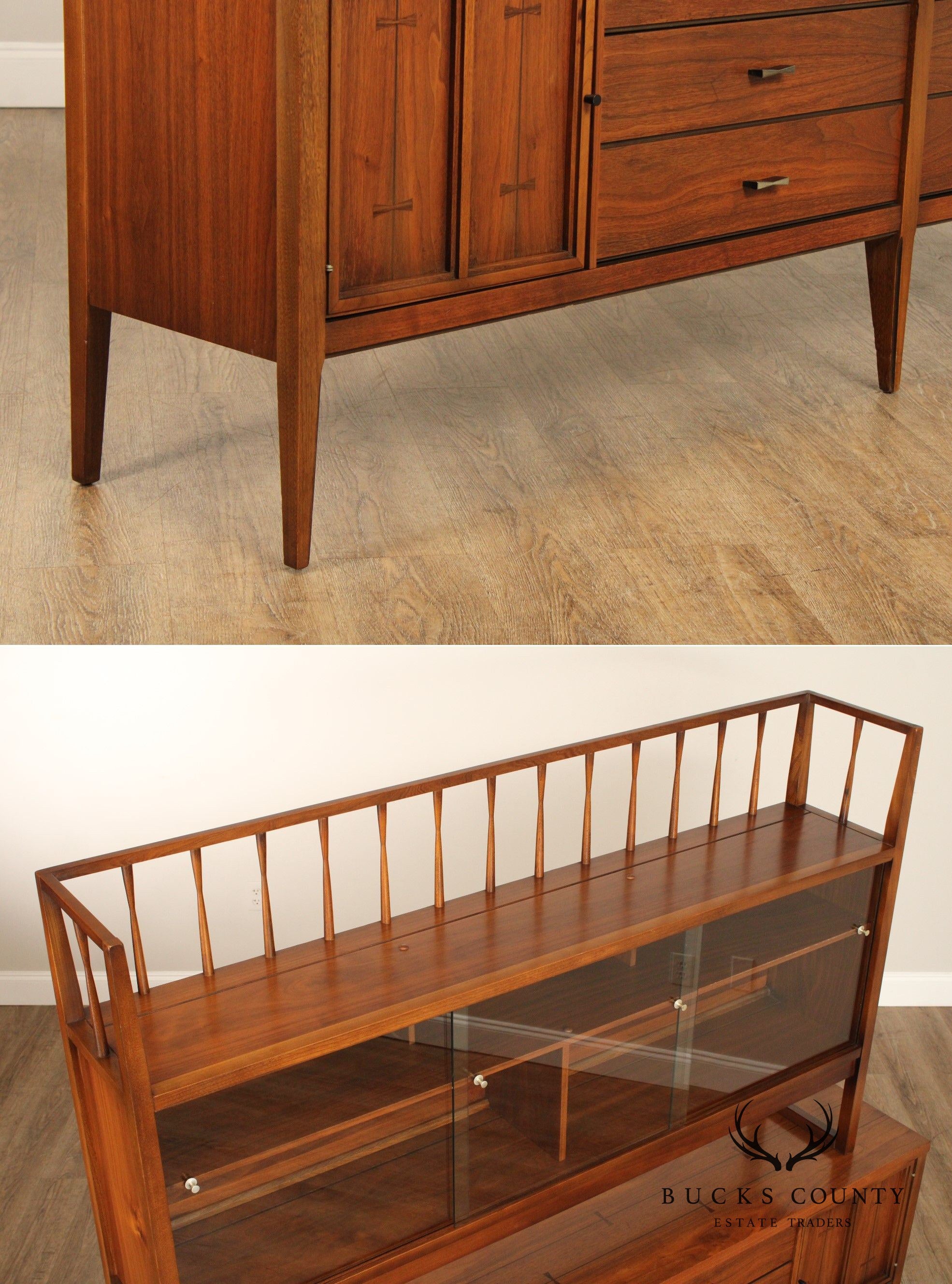 Lane Mid Century Modern Walnut Credenza China Cabinet Bookcase