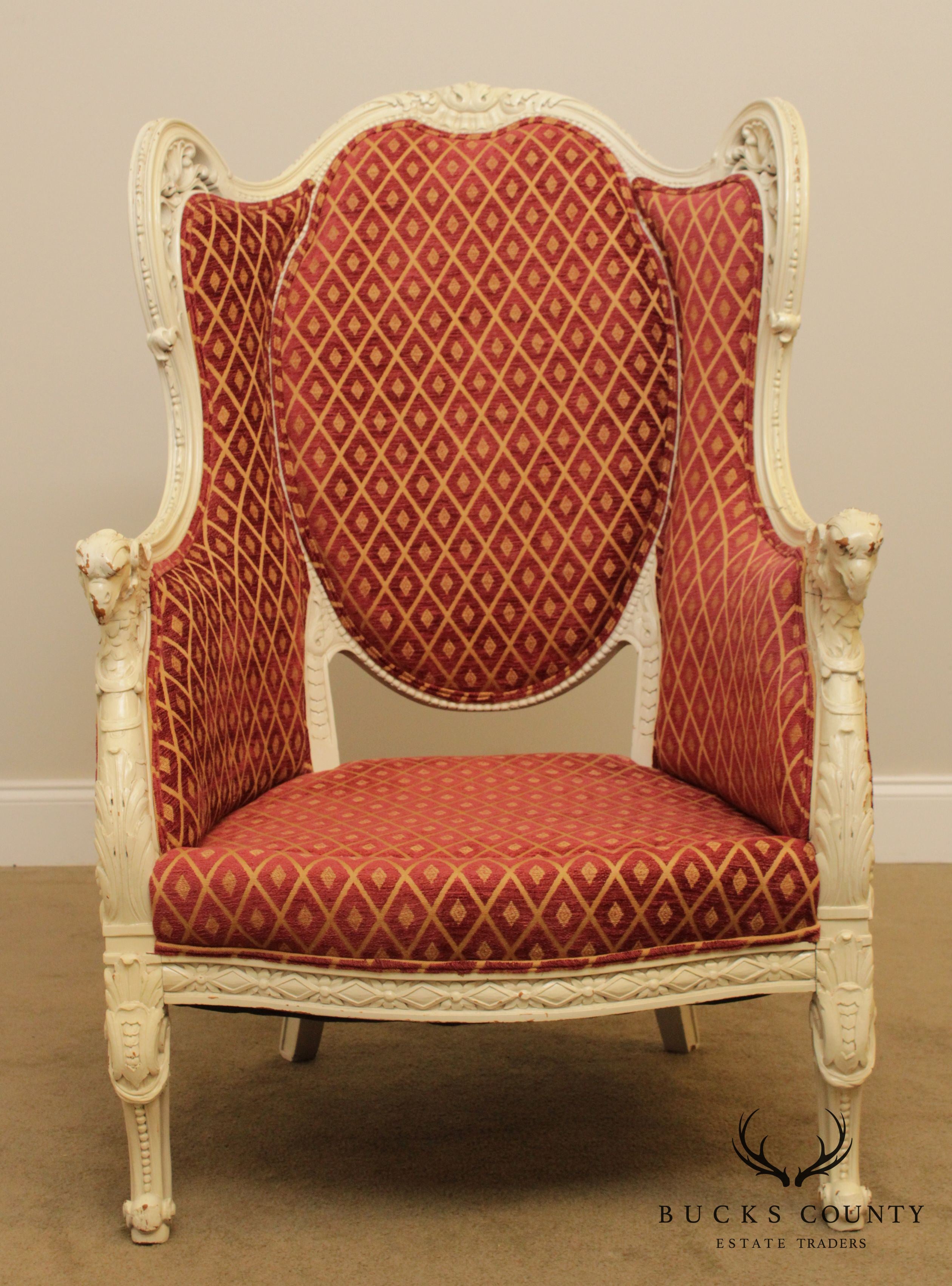 1920's French Louis XV Style Vintage Eagle Carved Bergere Wing Chair