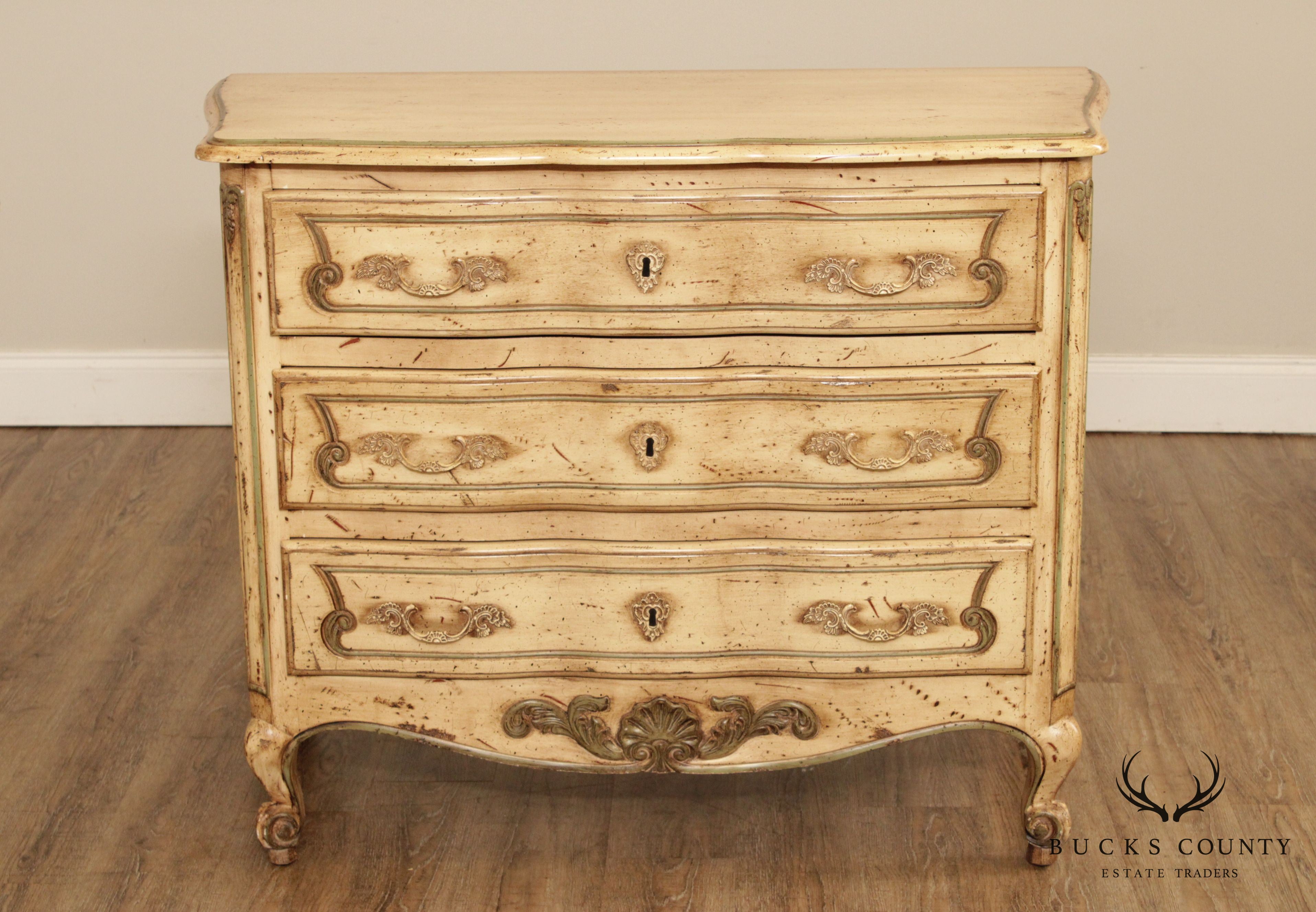 French Louis XV Style Quality Distressed Painted 3 Drawer Chest