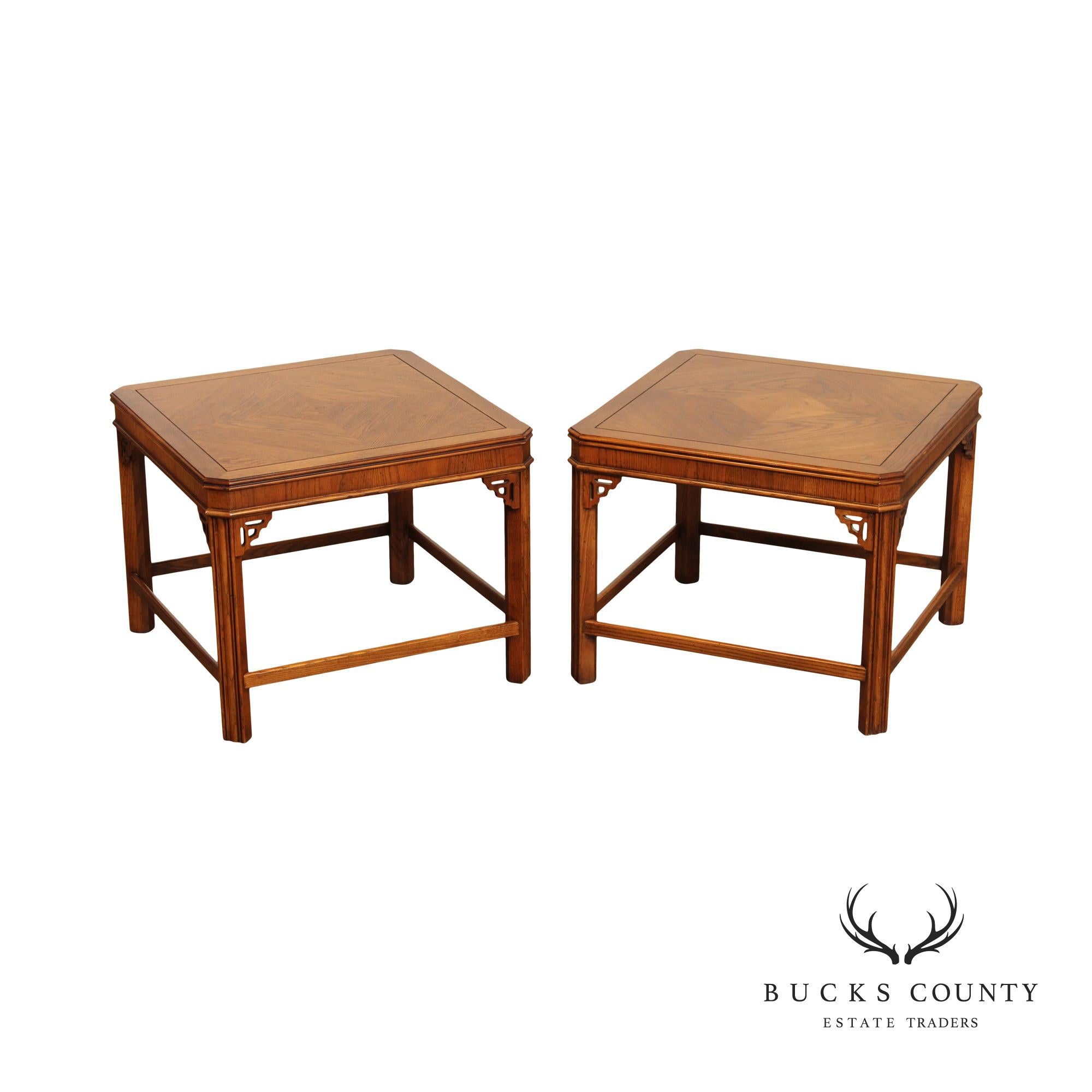 Lane Chinese Chippendale Style Pair of Square Oak End Tables