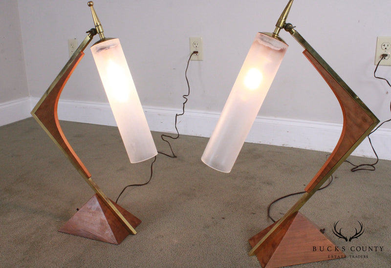 Paul Mccobb Style Mid Century Modern Pair Walnut & Brass Boomerang Table Lamps