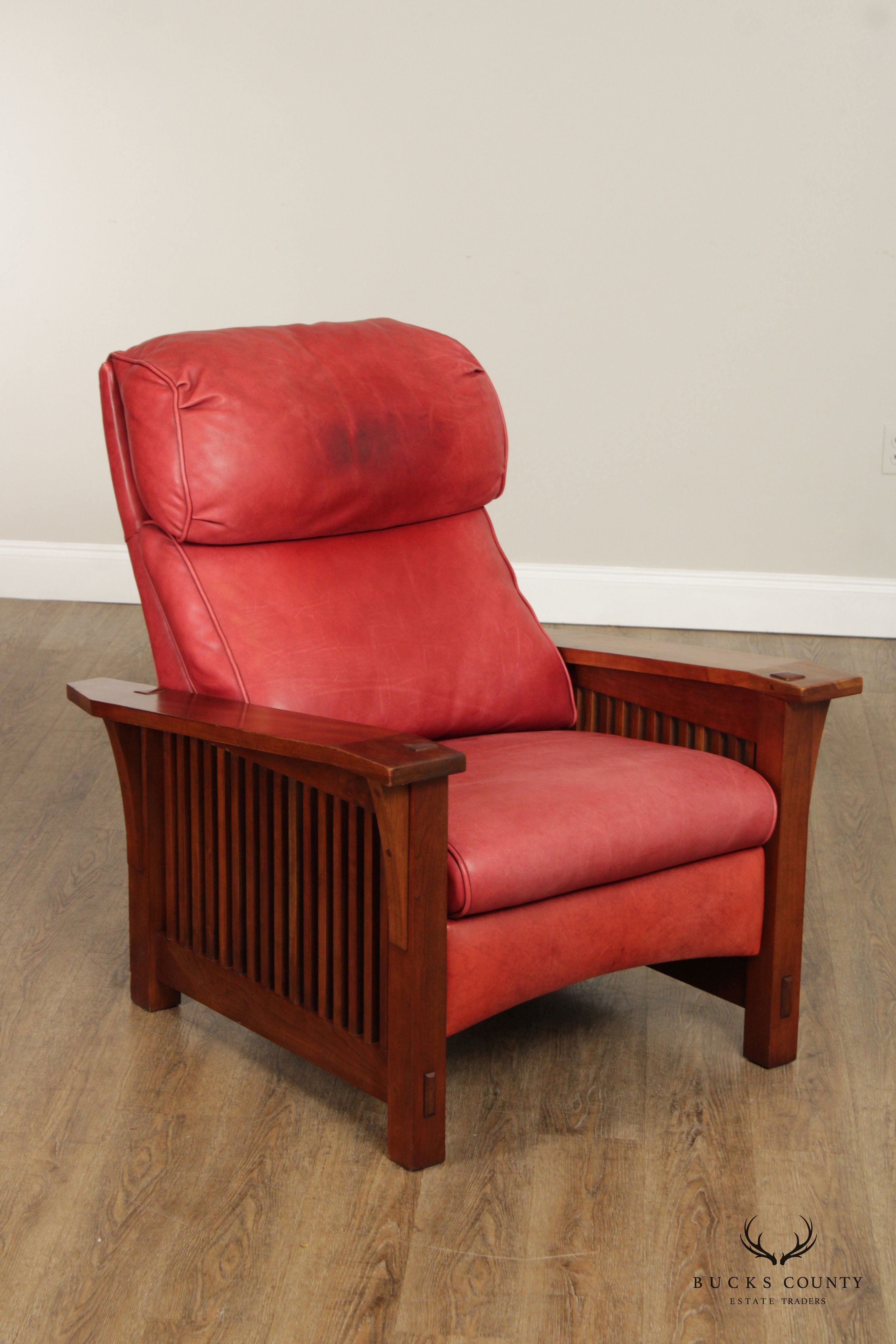 Stickley Mission Collection Leather and Cherry Spindle Morris Recliner