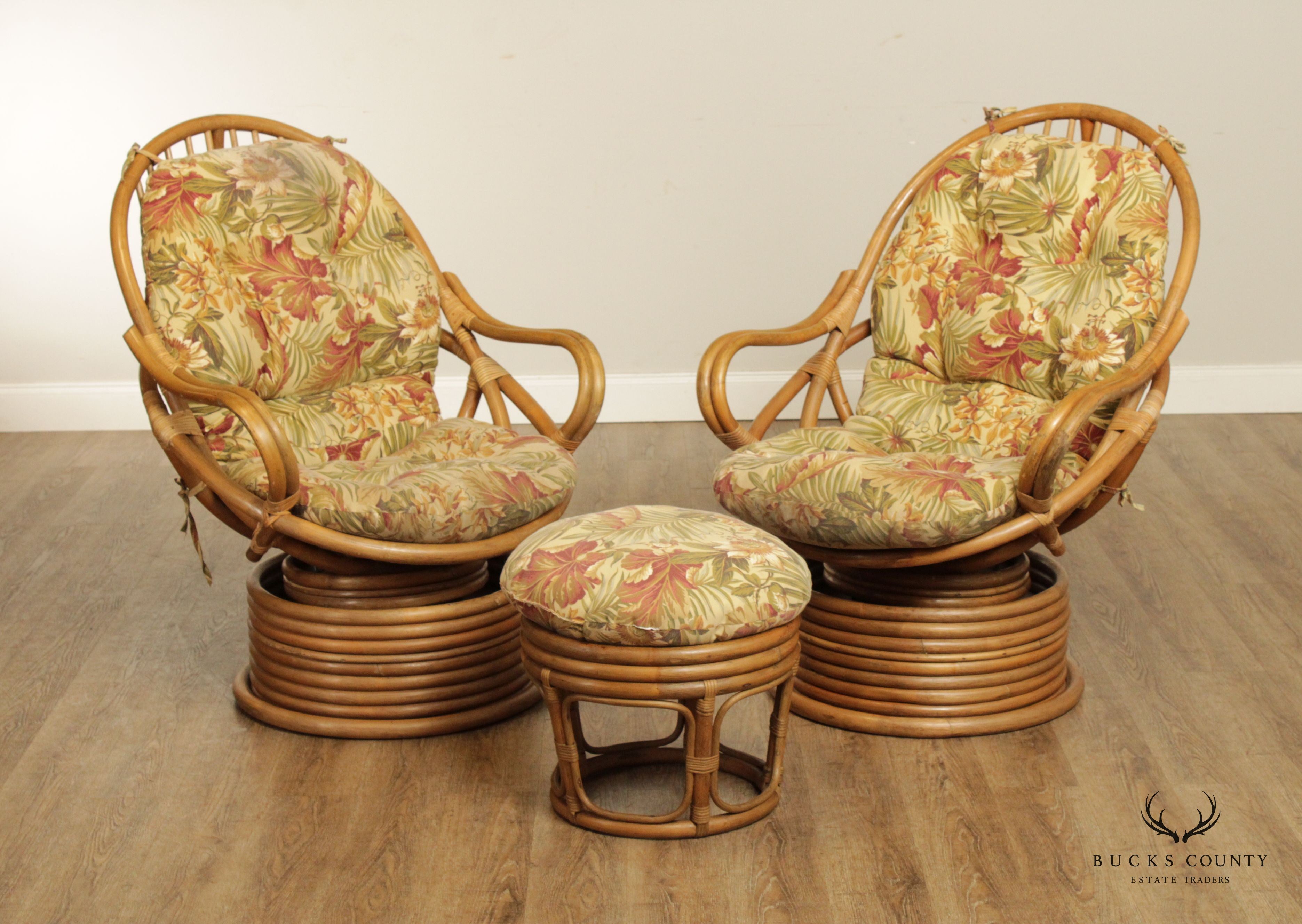 Mid Century Modern Pair Rattan Swivel Lounge Chairs with Ottoman