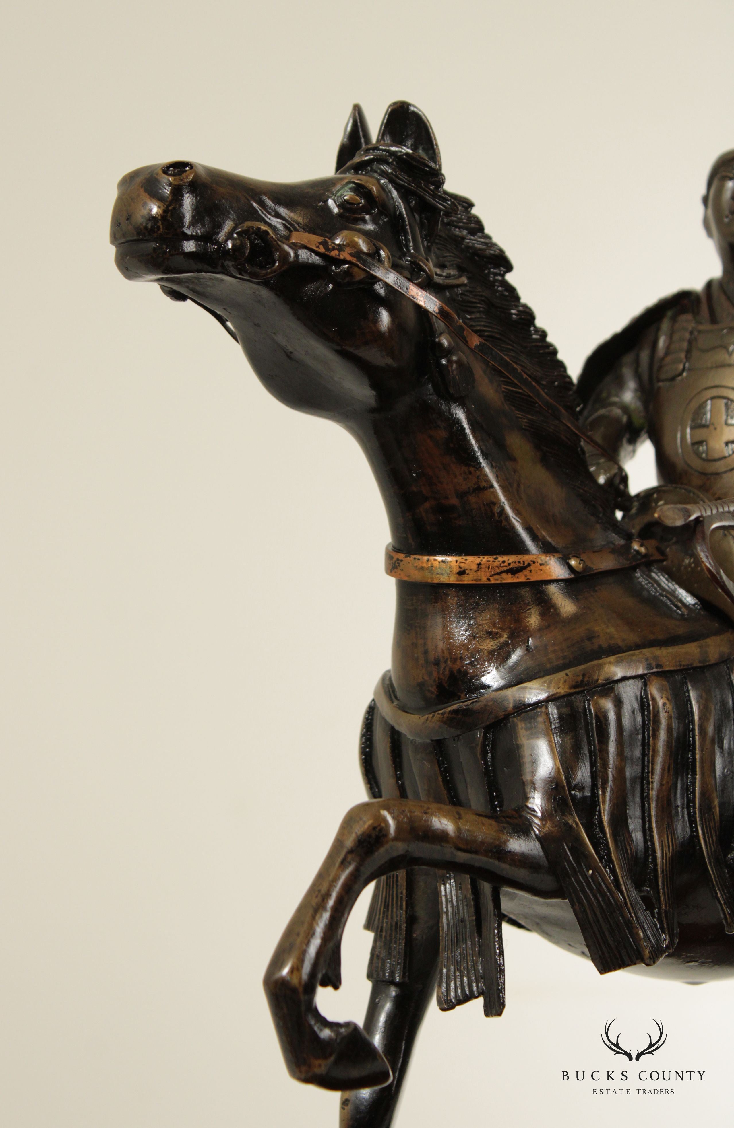 Antique Japanese Samurai Warrior on Horse Bronze Sculpture