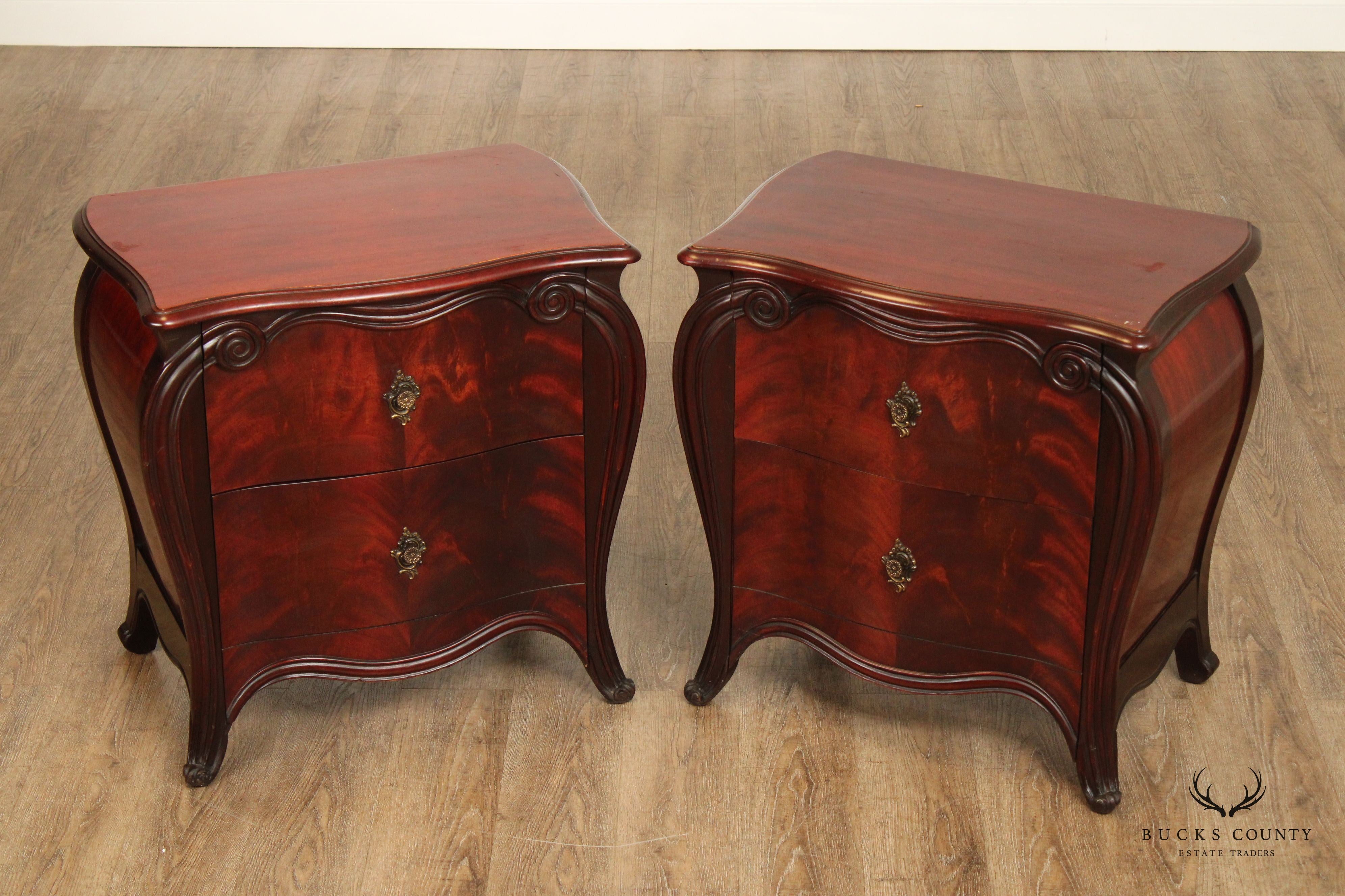 1940's French Style Pair of Mahogany Bombe Chest Nightstands