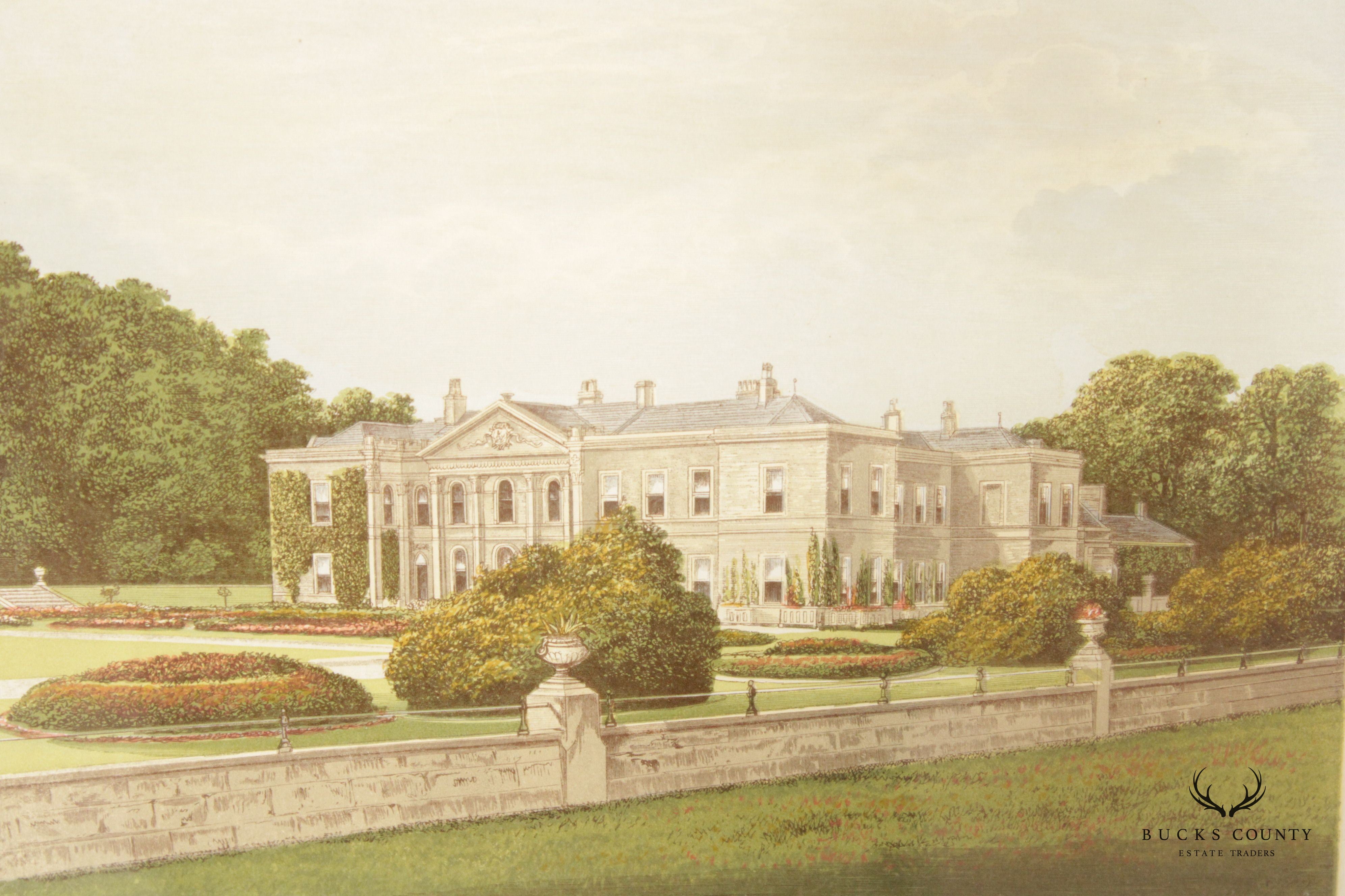 English Estate 'Studley Royal House' Illustration Print, Custom Framed