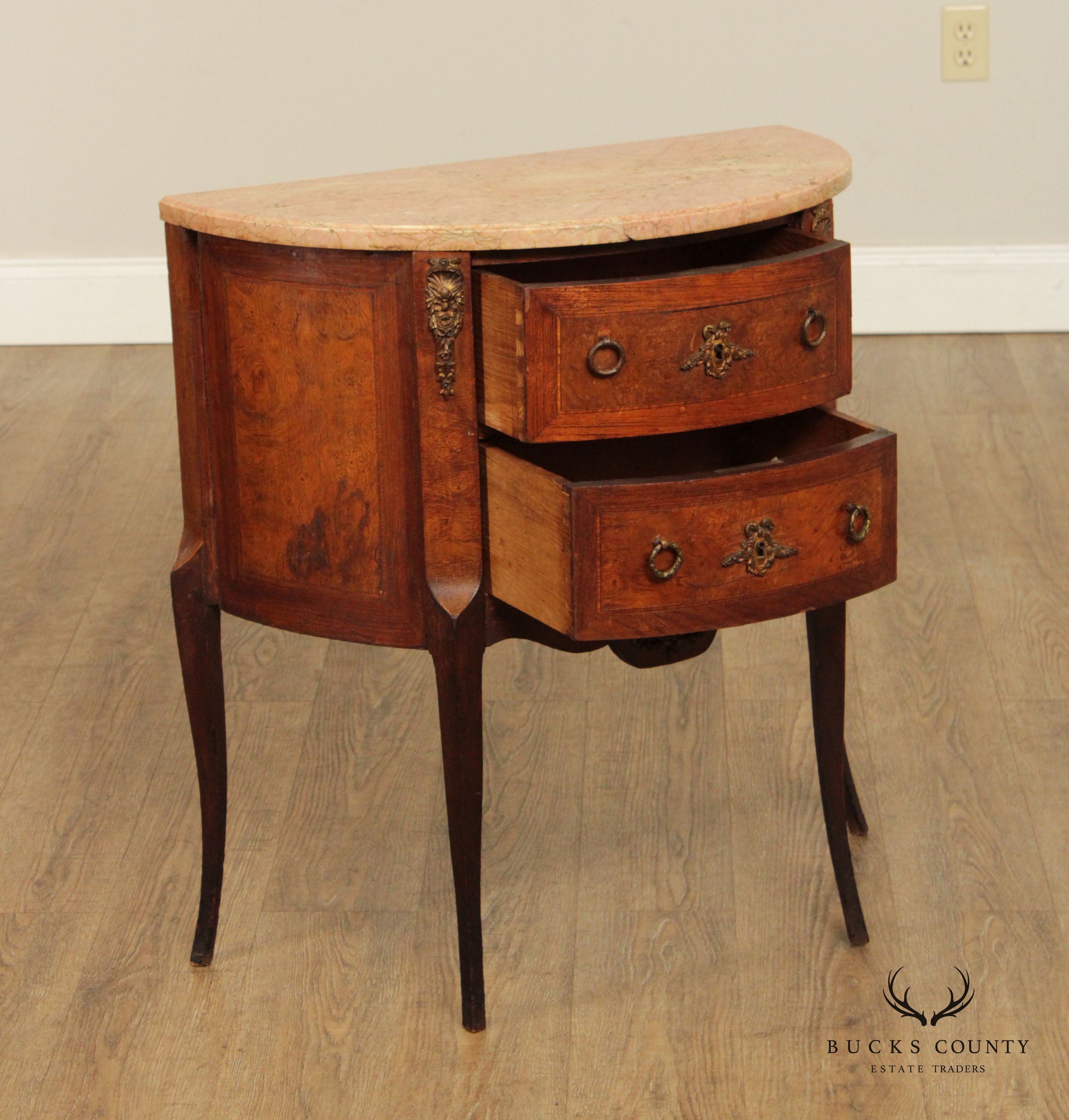 Antique French Louis XV Style Oak and Burlwood Marble Top Commode