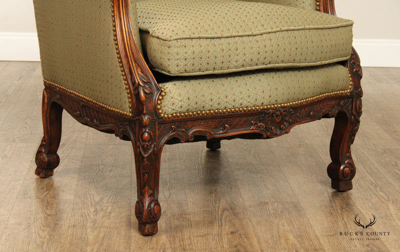 French Rococo Style Antique Carved Walnut Frame Wing Back Chair