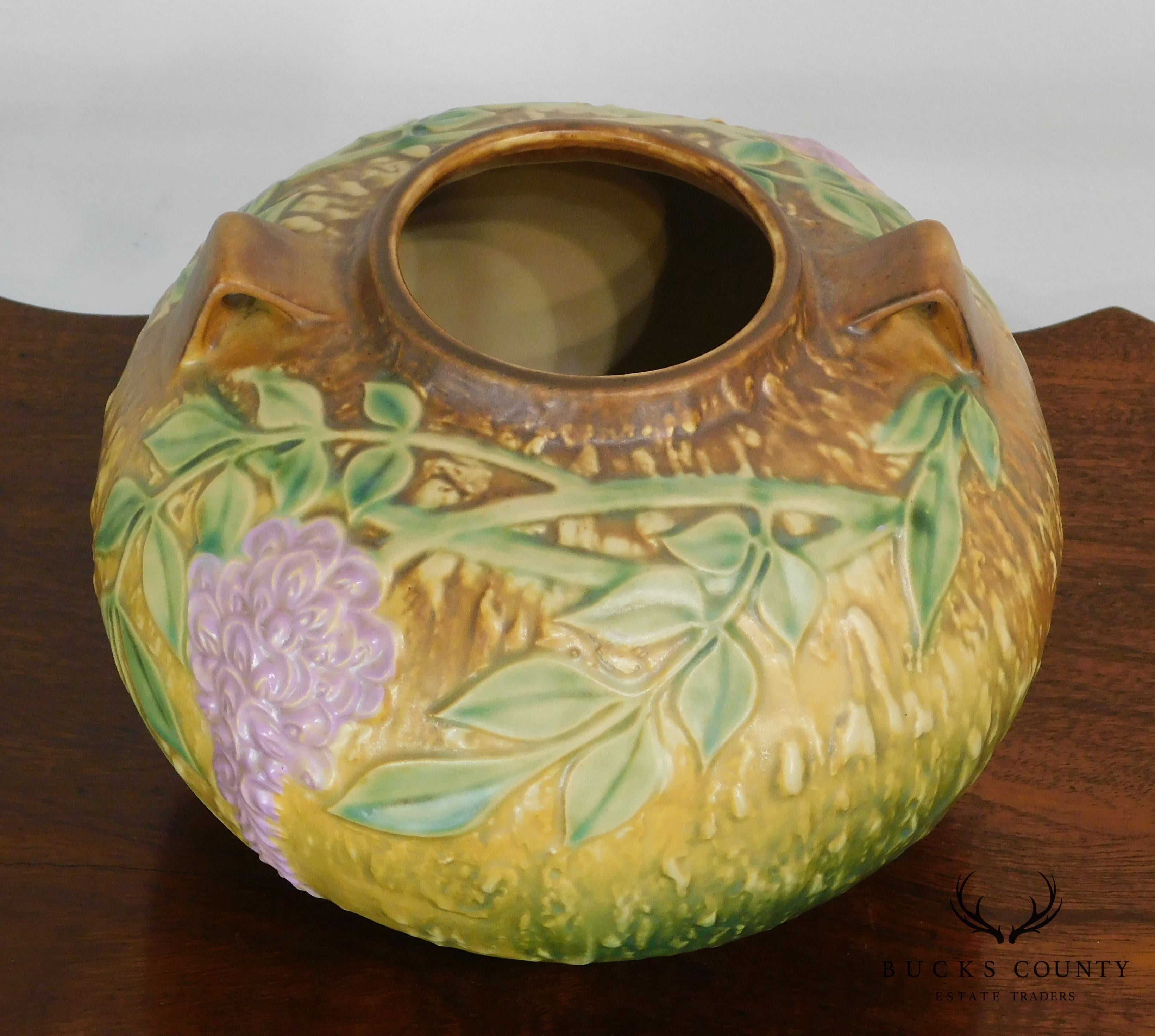 Roseville "Wisteria" Double-Handled Bulbous Vase in Tan