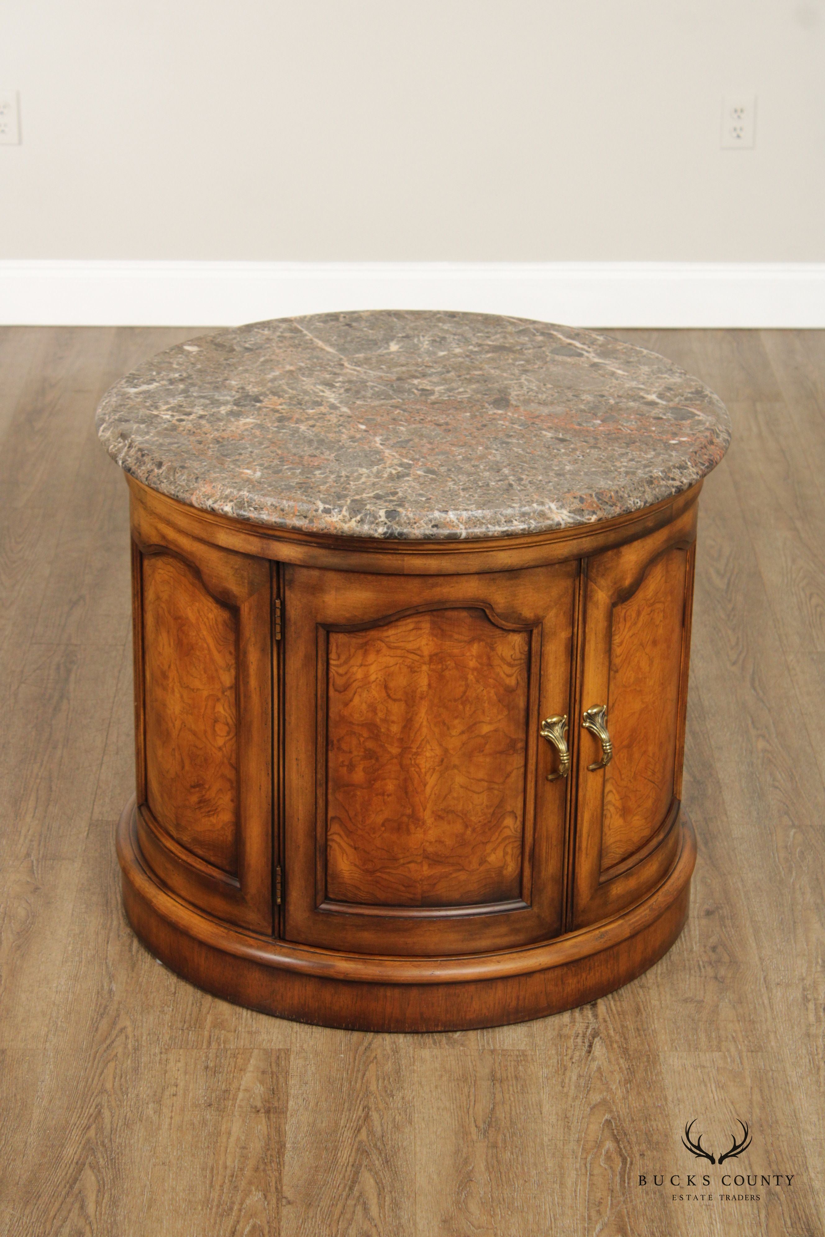 Henredon English Regency Style Round Marble Top Drum Cabinet Side Table