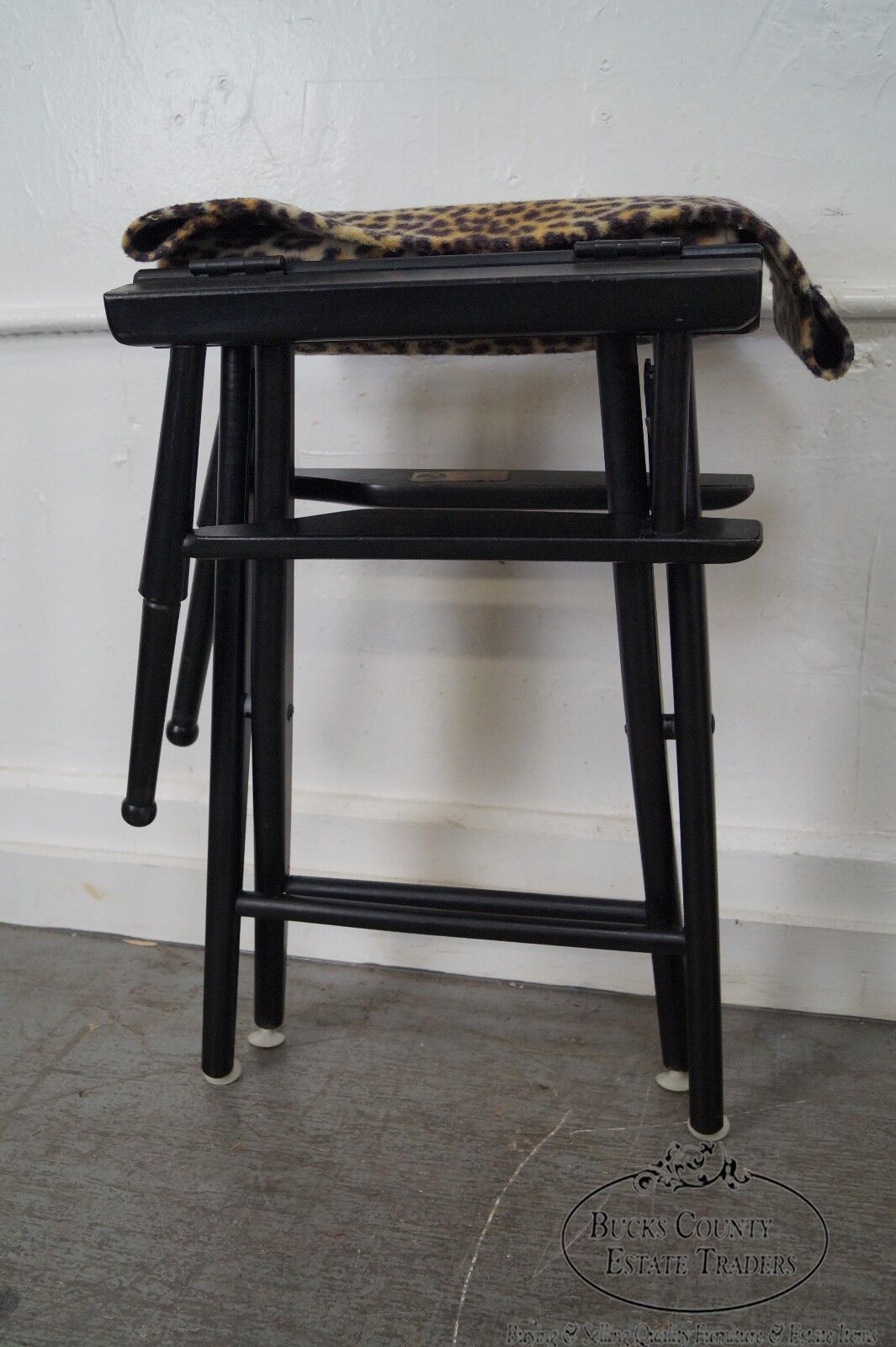 Mid Century Pair of Leopard Print Ebonized Folding Directors Chairs by Telescope