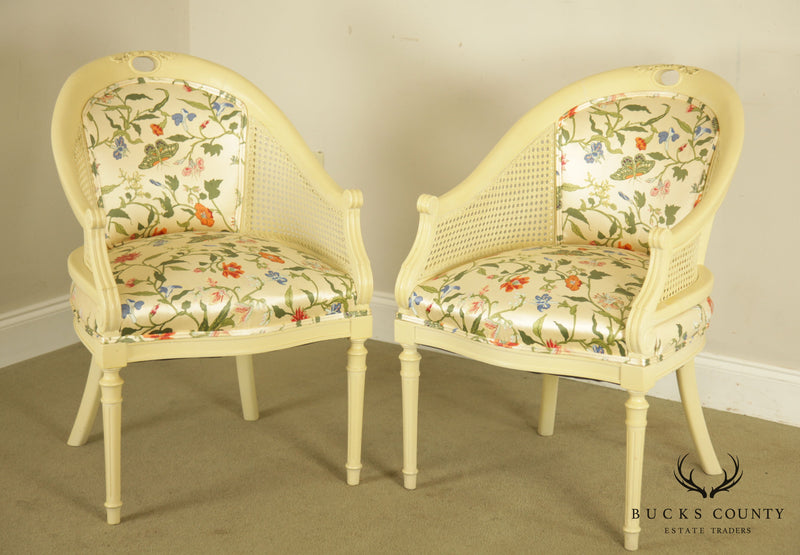 Hollywood Regency Style Cream Lacquered Pair Barrel Back Caned Armchairs