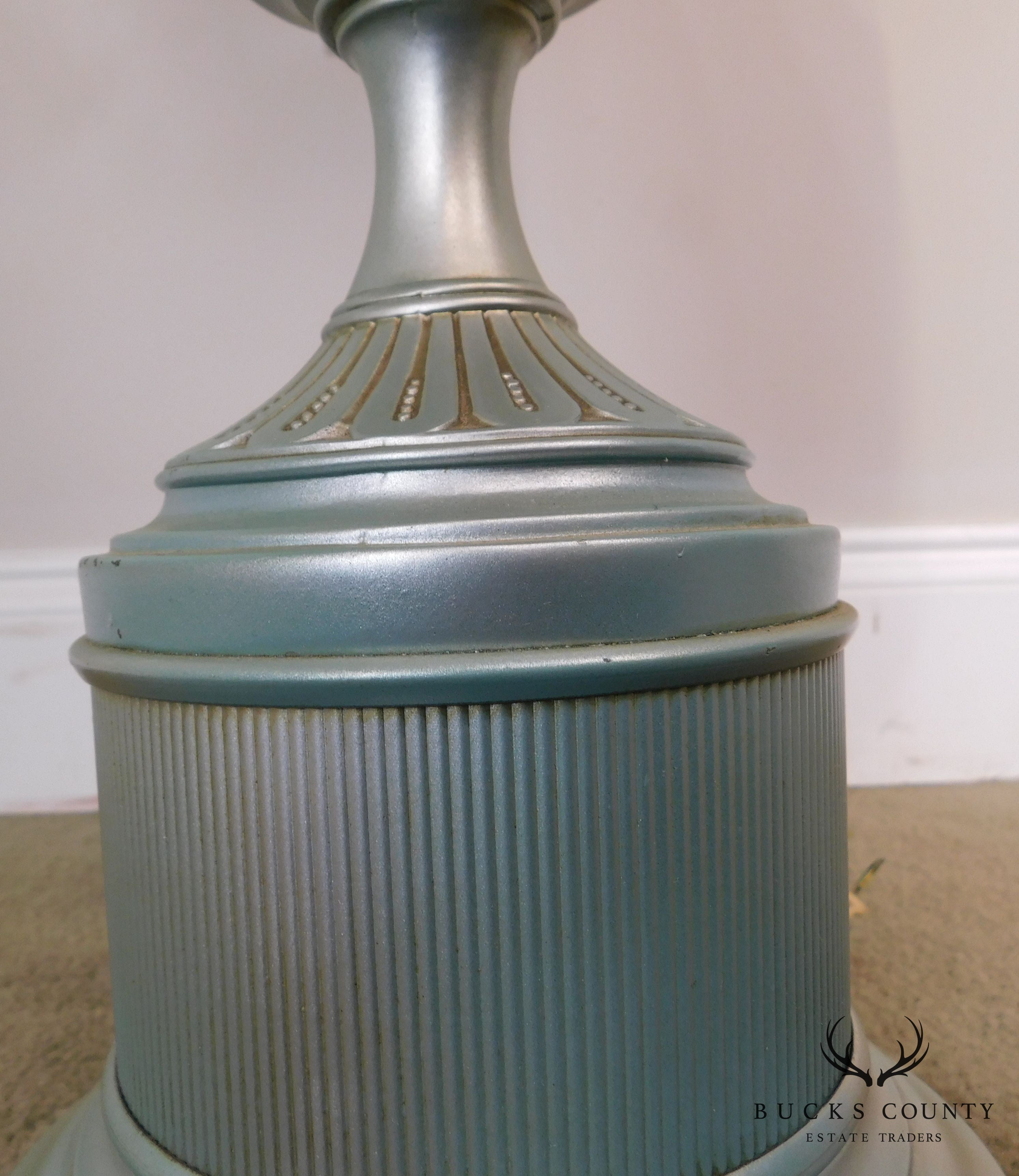 Hollywood Regency 1950's Silver & Teal Eglomisé Urn Table Lamps