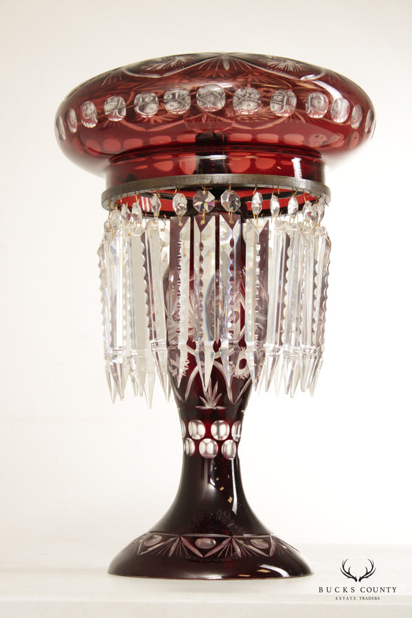 Art Nouveau Style Ruby Cut To Clear Glass Mushroom Lamp with Prisms