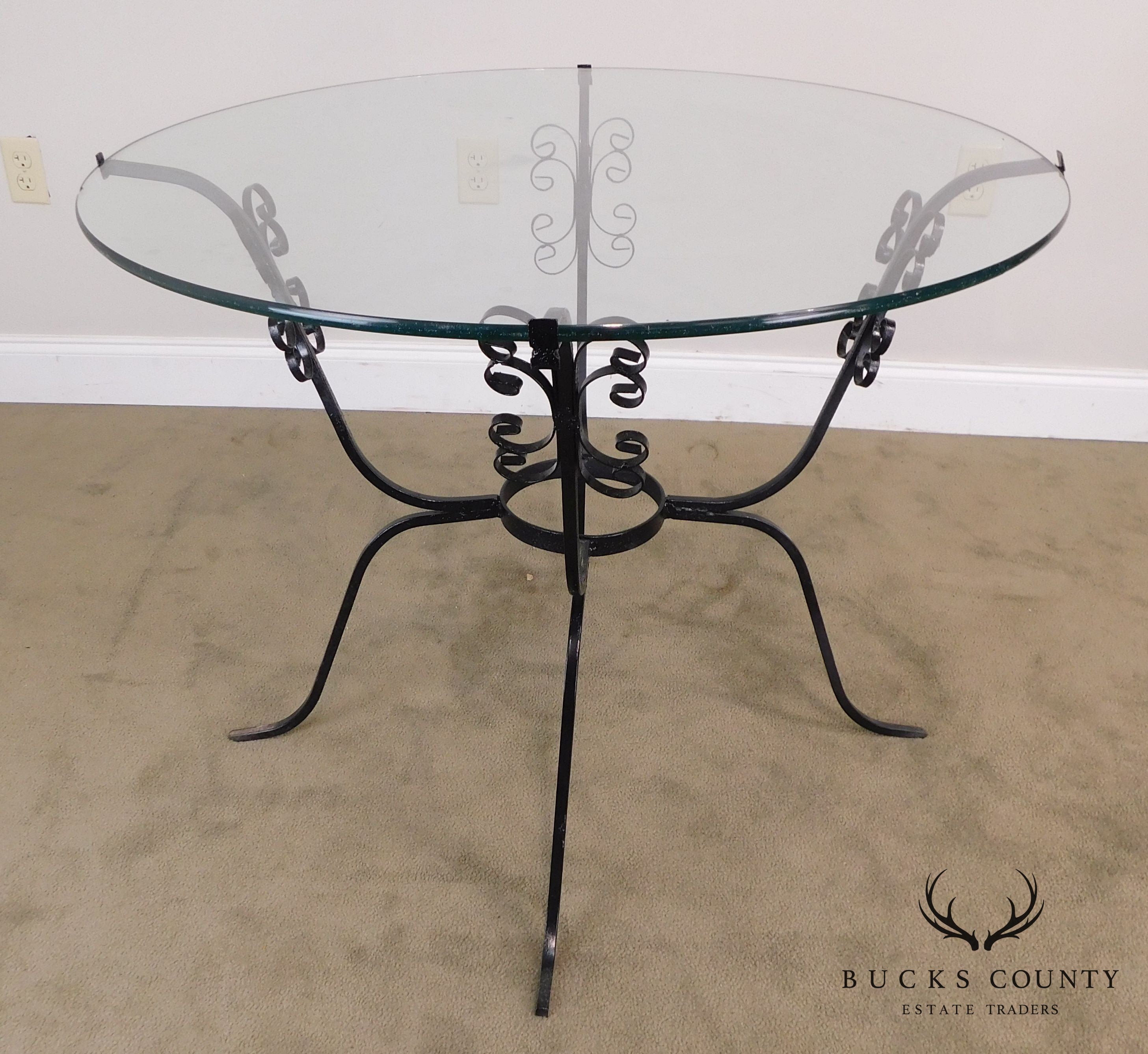 Vintage Black Scrolled Wrought Iron Round Glass Top Table