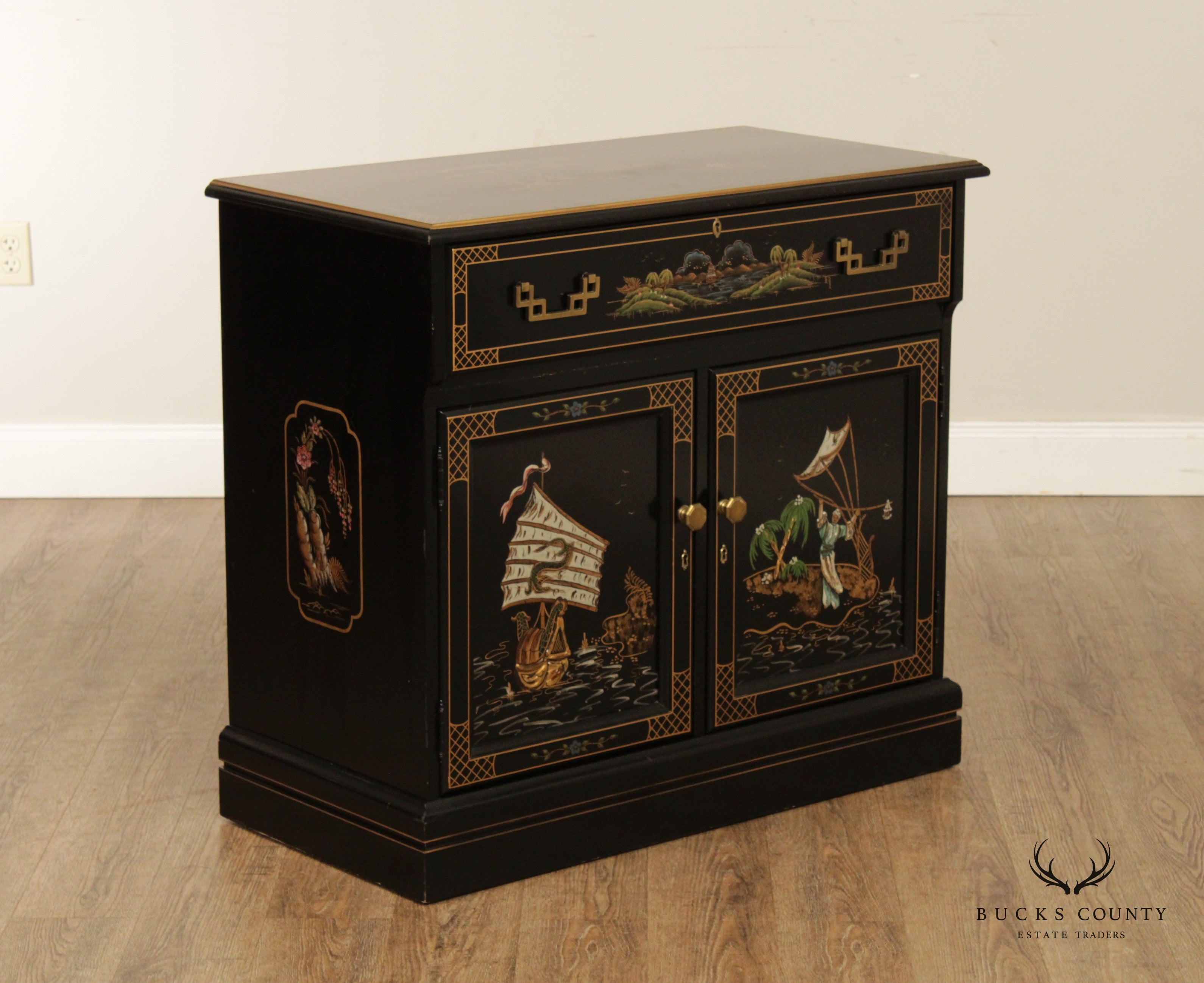 Jasper Chinoiserie Black Lacquer Liquor Bar Serving Cabinet