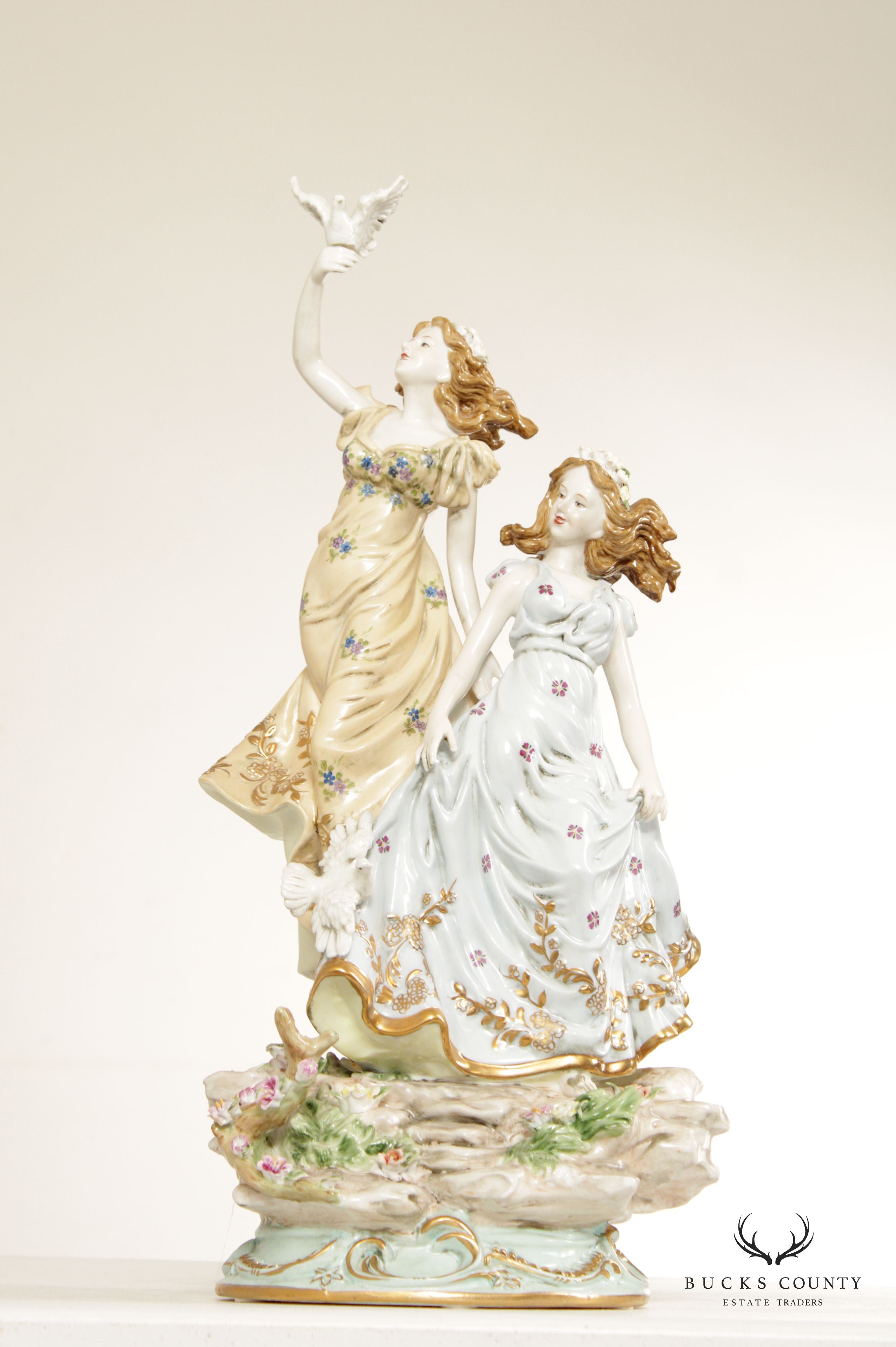 Rococo Style Ladies with Dove Porcelain Figurines