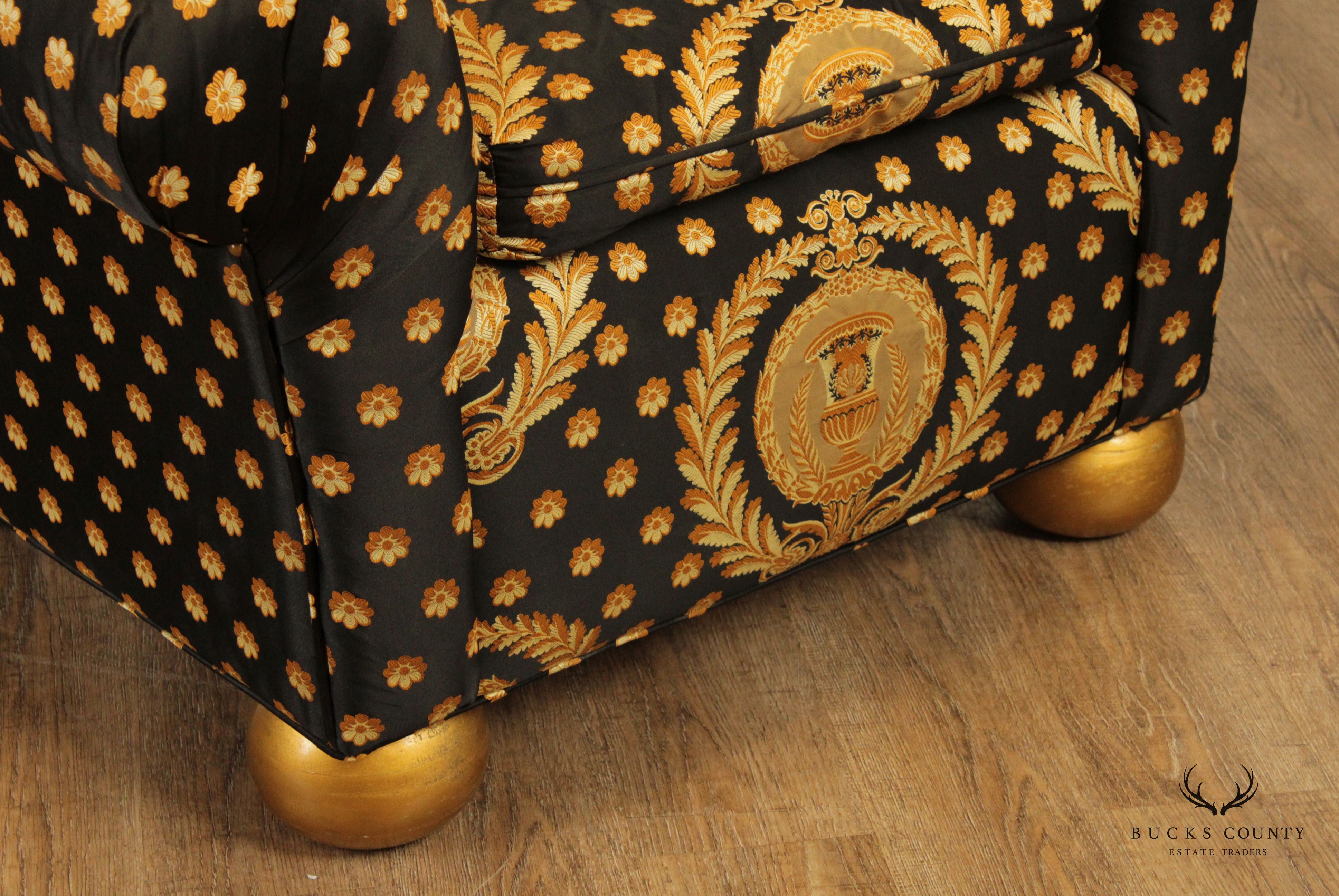 Pair of Custom Black and Gold Upholstered Club Chairs