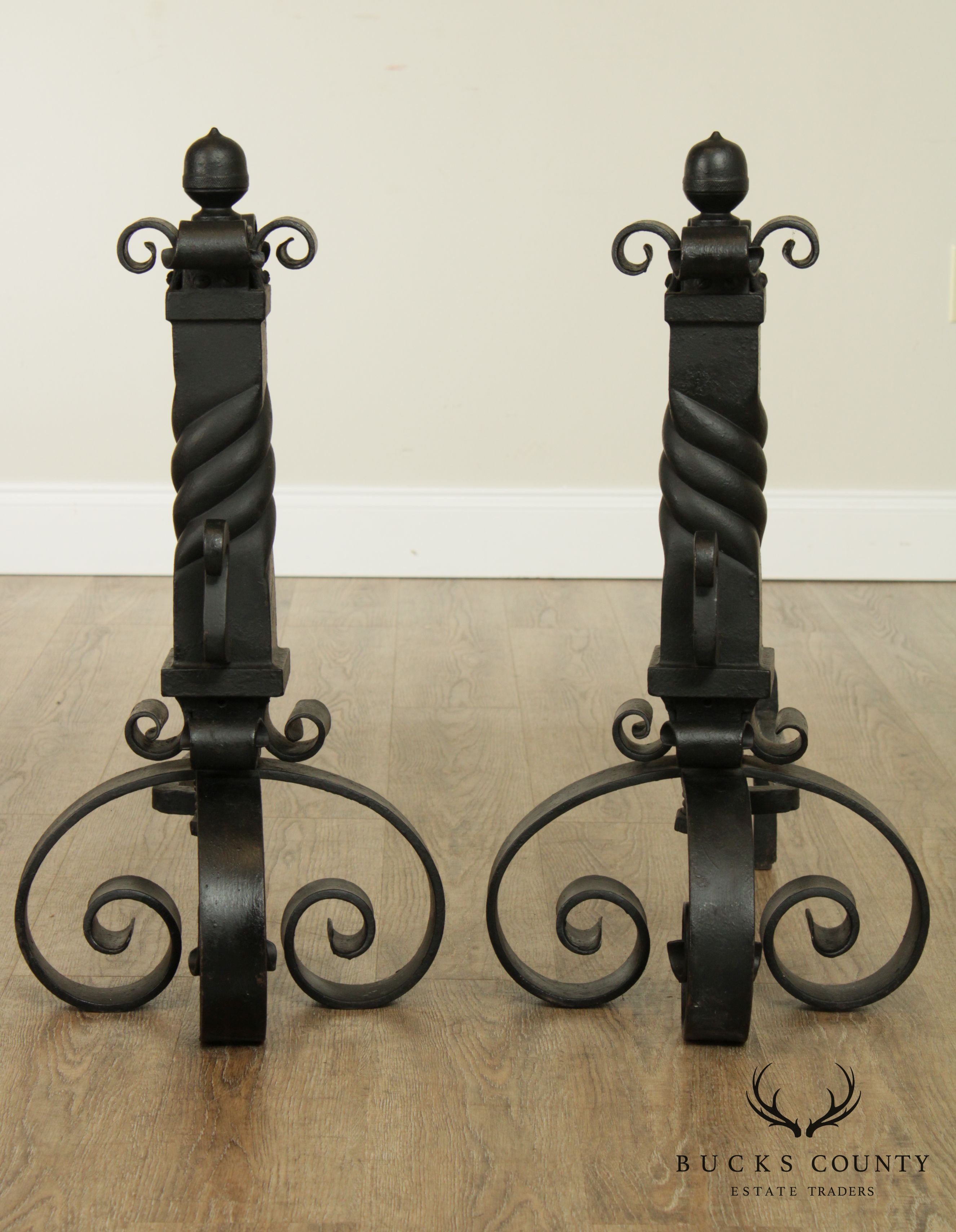 Hand Forged Iron Heavy Twisted Pair Andirons