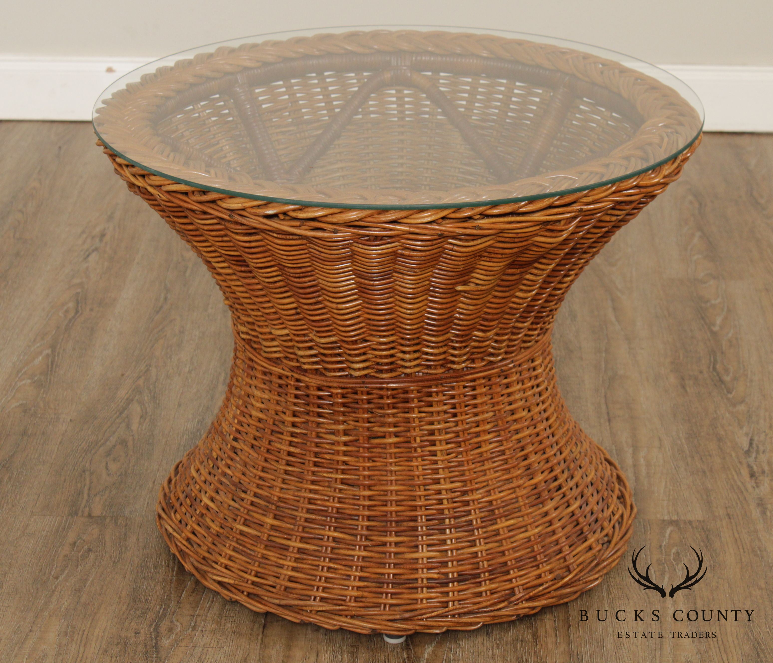 Midcentury Round Glass Top Wicker Side Table