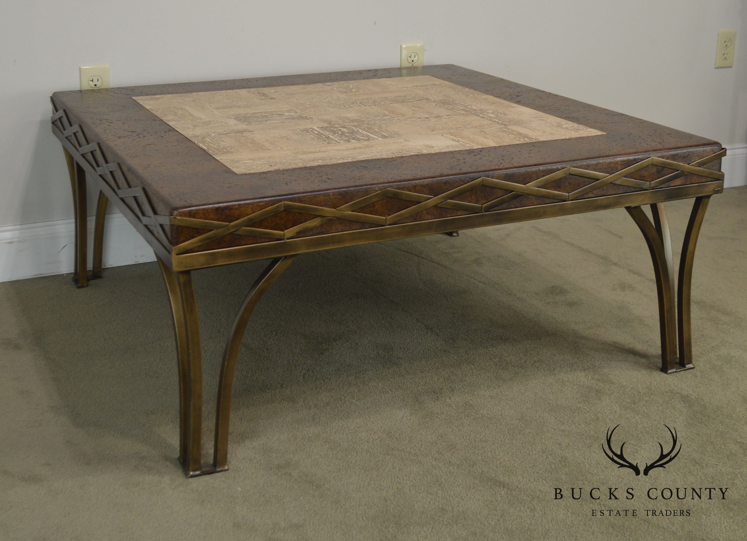 Iron Square Coffee Table with Cork & Tessellated Travertine Top