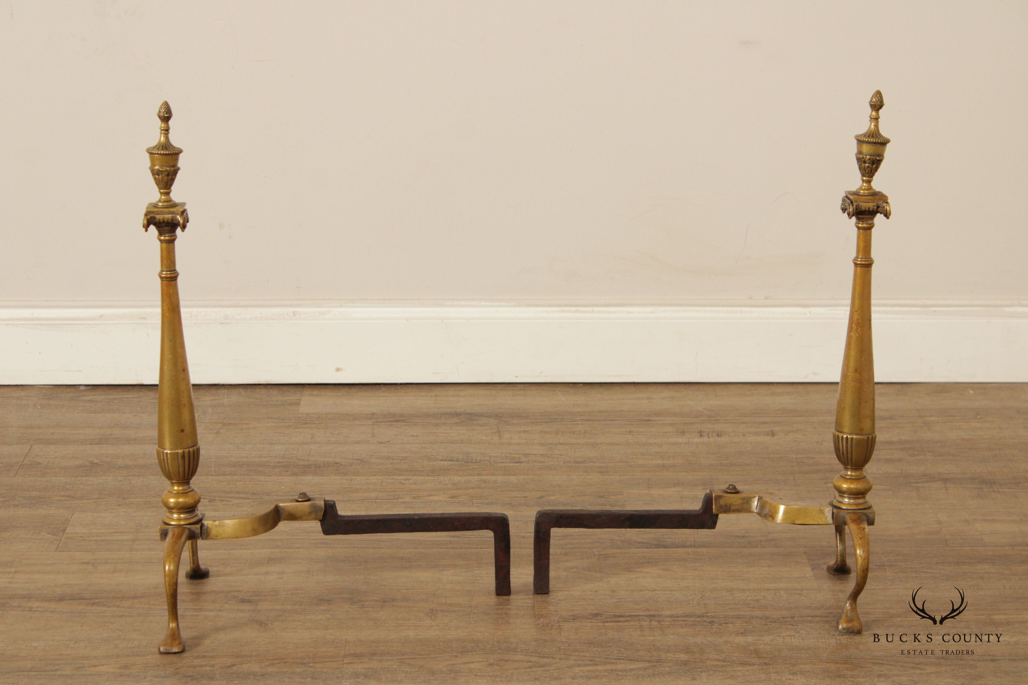 Federal Style Quality Pair of Brass Fireplace Andirons