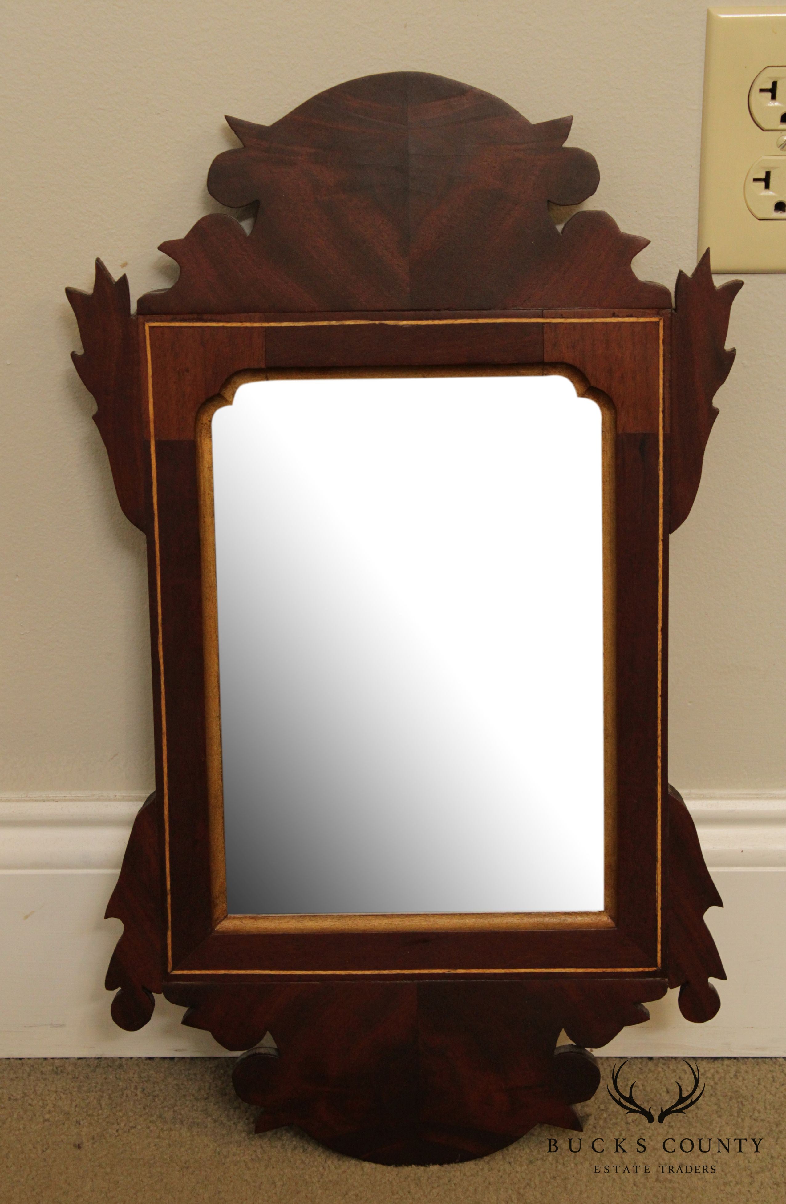 Chippendale Style Hand Crafted Mahogany & Burl Wood Pair Small Mirrors