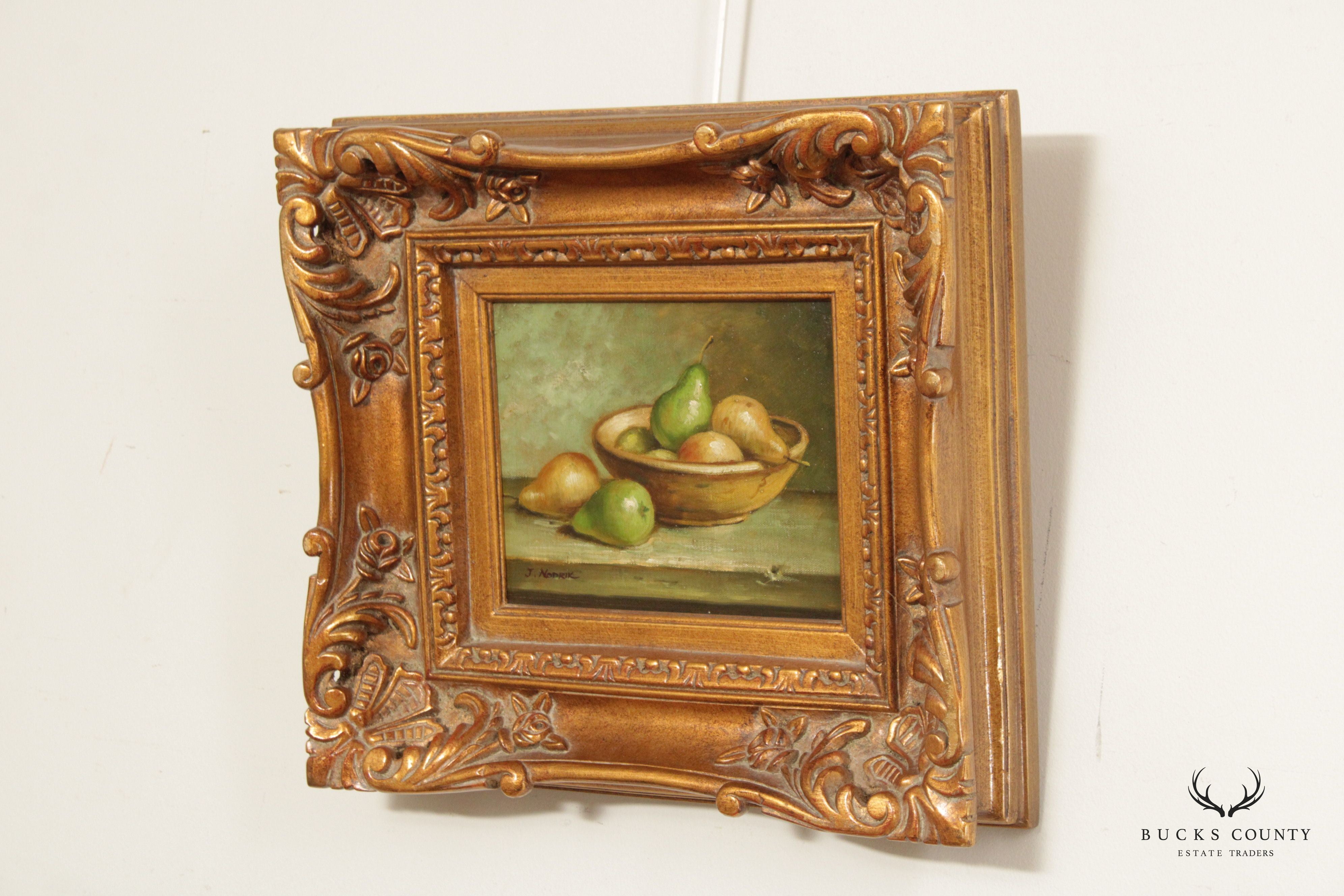 Vintage 20th C. Pear Fruit Still Life Oil Painting, Custom Framed