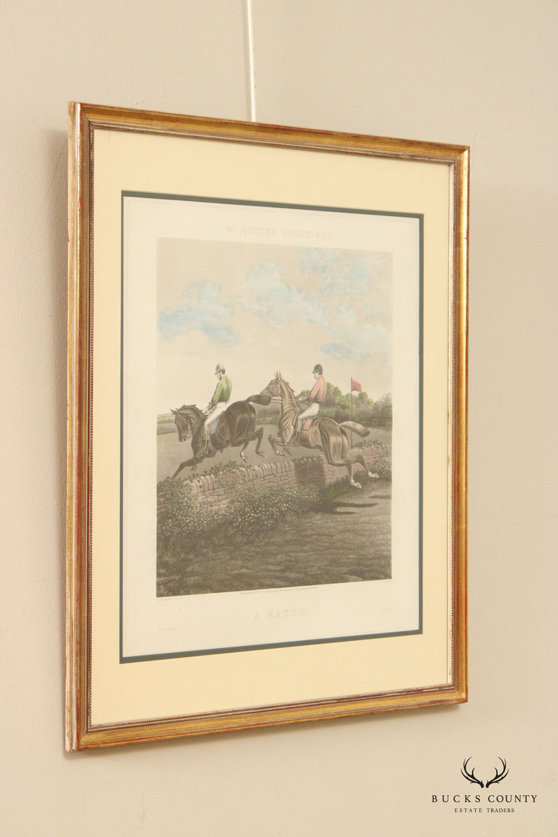 Charles Hunt Equestrian 'A Match' Colored Etching, Custom Framed