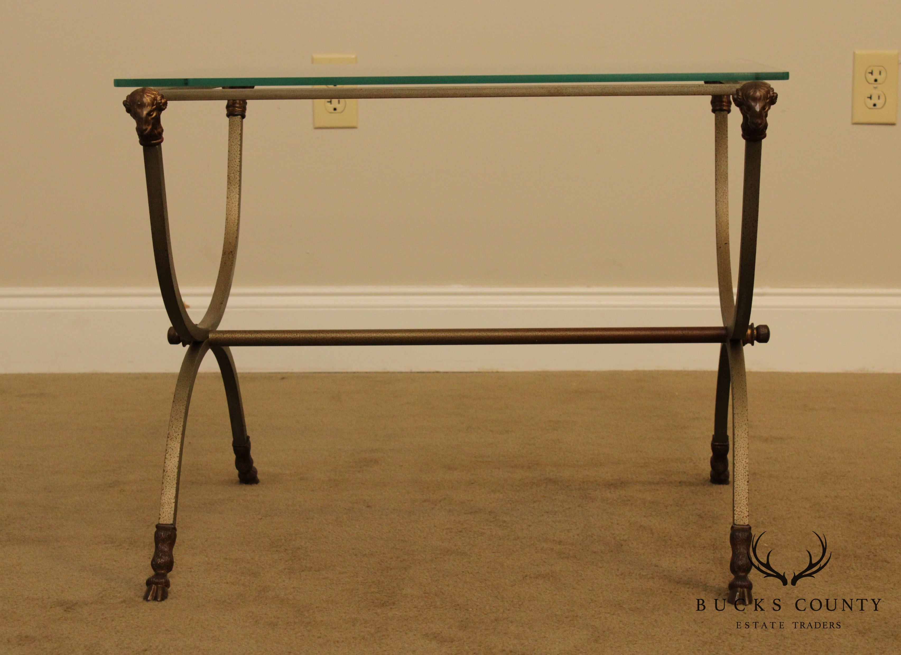 Directoire Style Vintage Steel, Brass Hoof Foot Glass Top Side Table