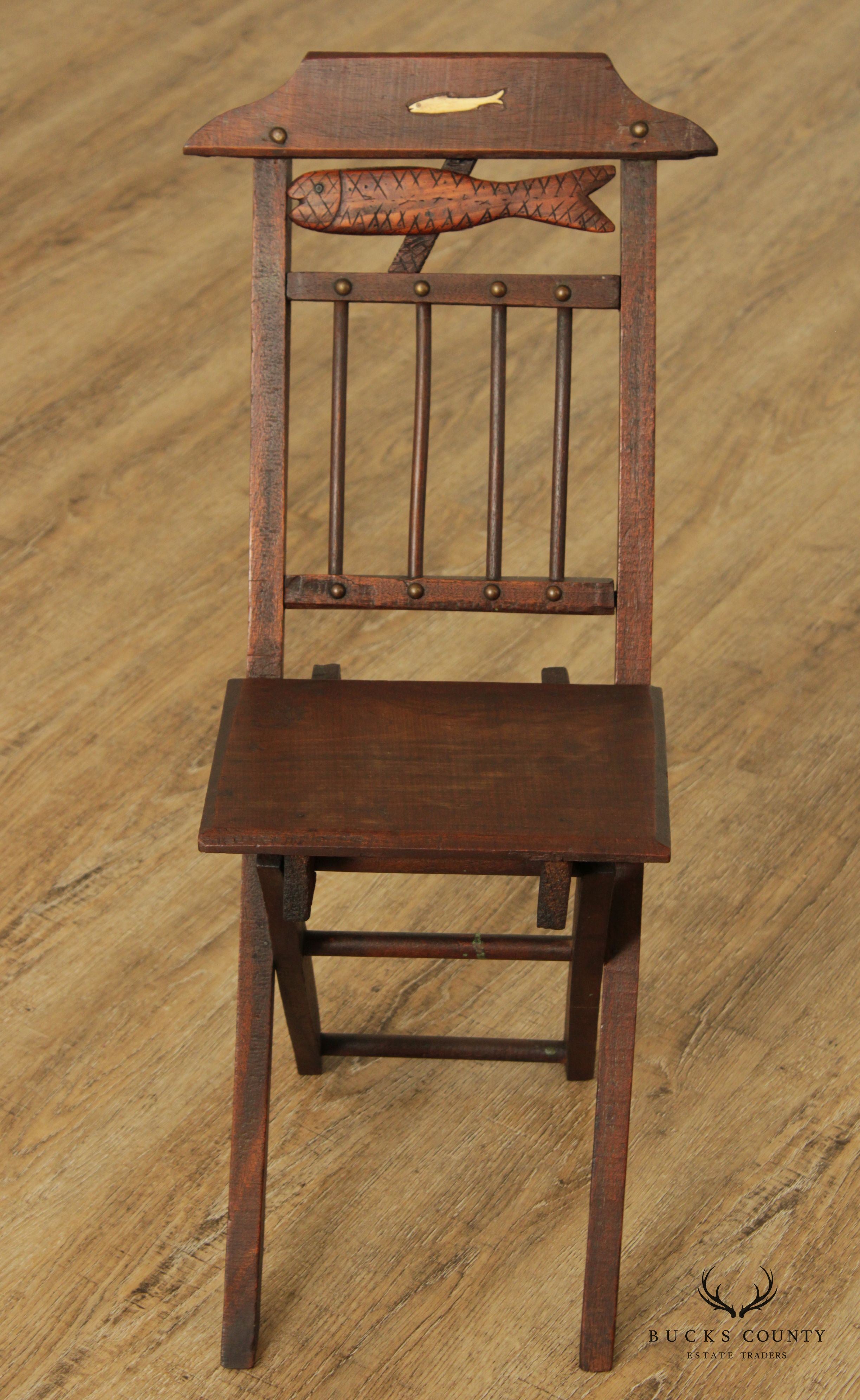 Antique 19th Century Walnut and Bone Child's Folding Fishing Chair