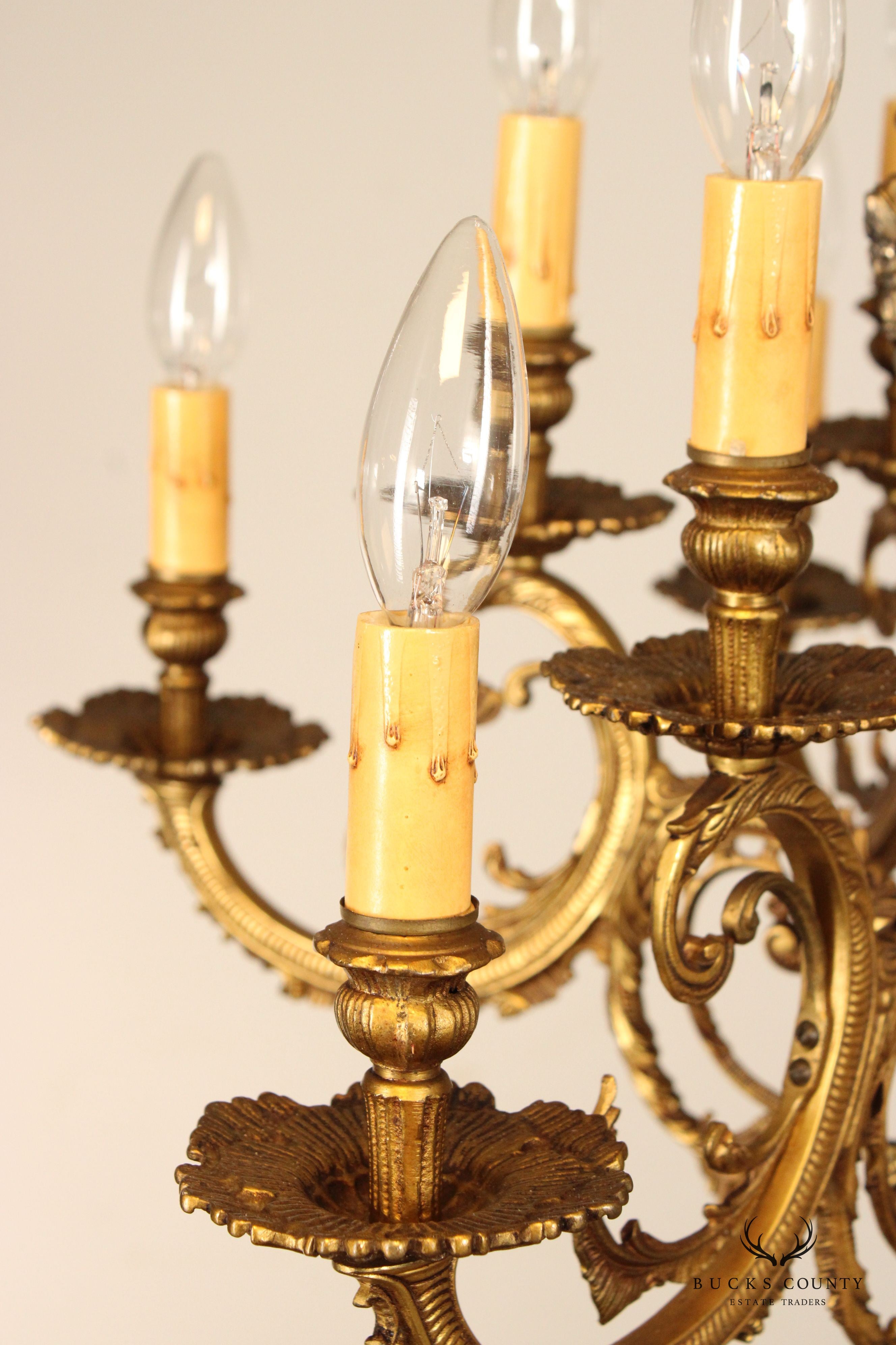 French Louis XIV Style Vintage Gilt Metal Twelve-Light Chandelier